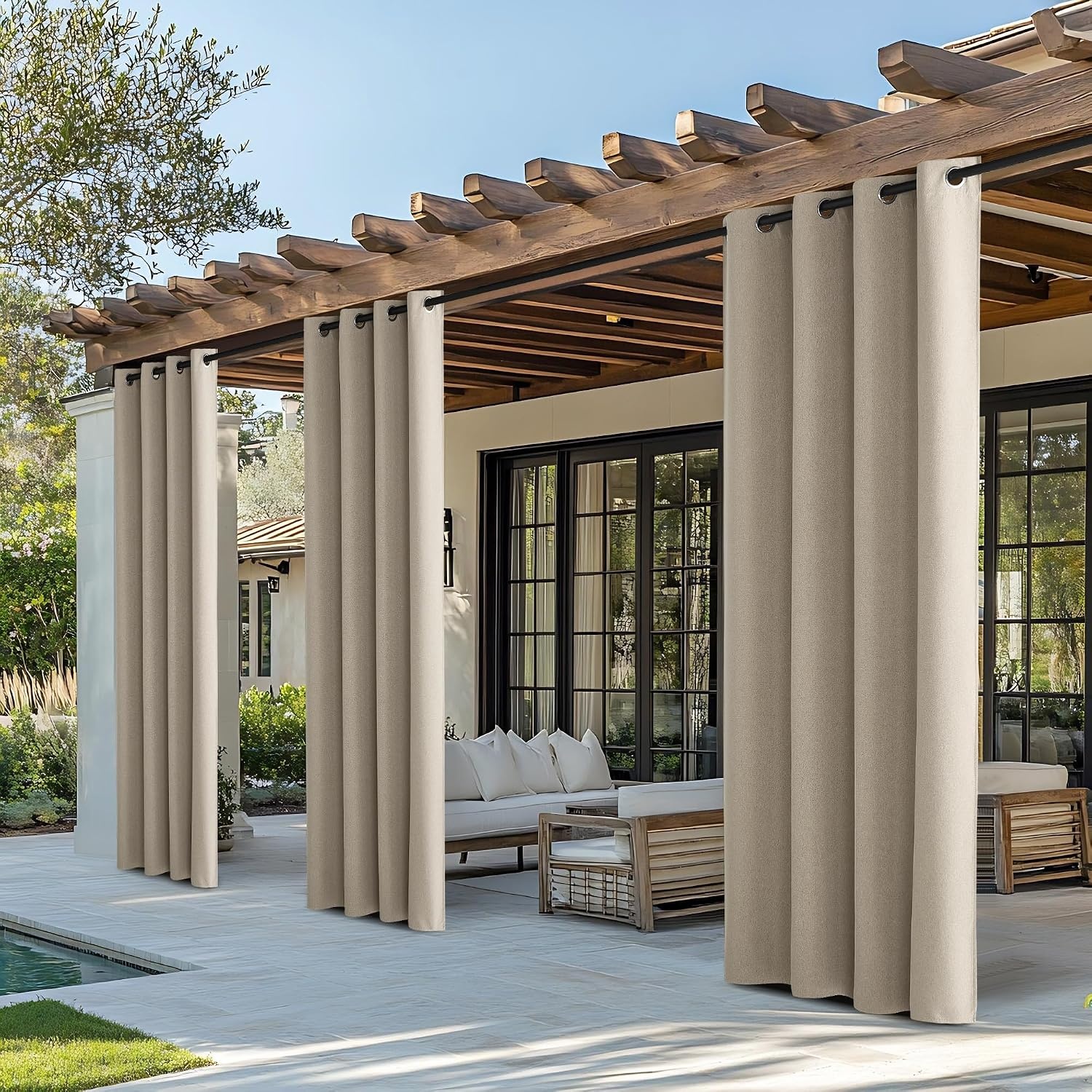 image:imageNICETOWN 100 Blackout Outdoor Curtains for Patio Waterproof 2 PanelsNatural
