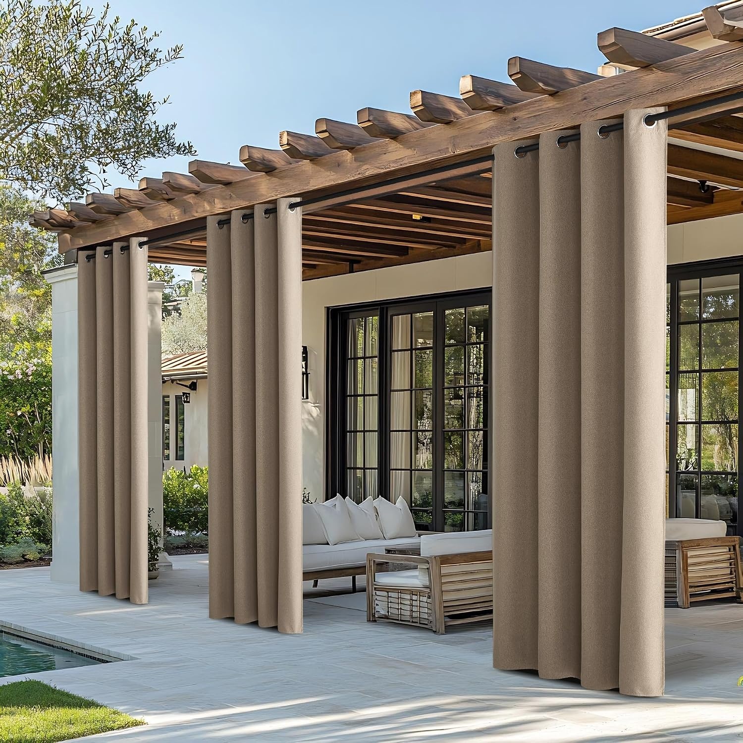 image:imageNICETOWN 100 Blackout Outdoor Curtains for Patio Waterproof 2 PanelsTaupe