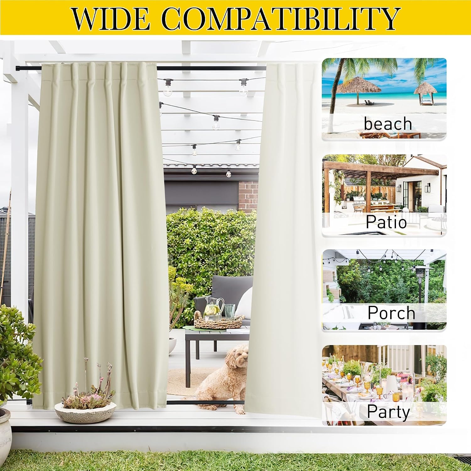 image:imageNICETOWN 2 Panels Outdoor Curtains for Patio Waterproof Windproof W52 x L84Beige
