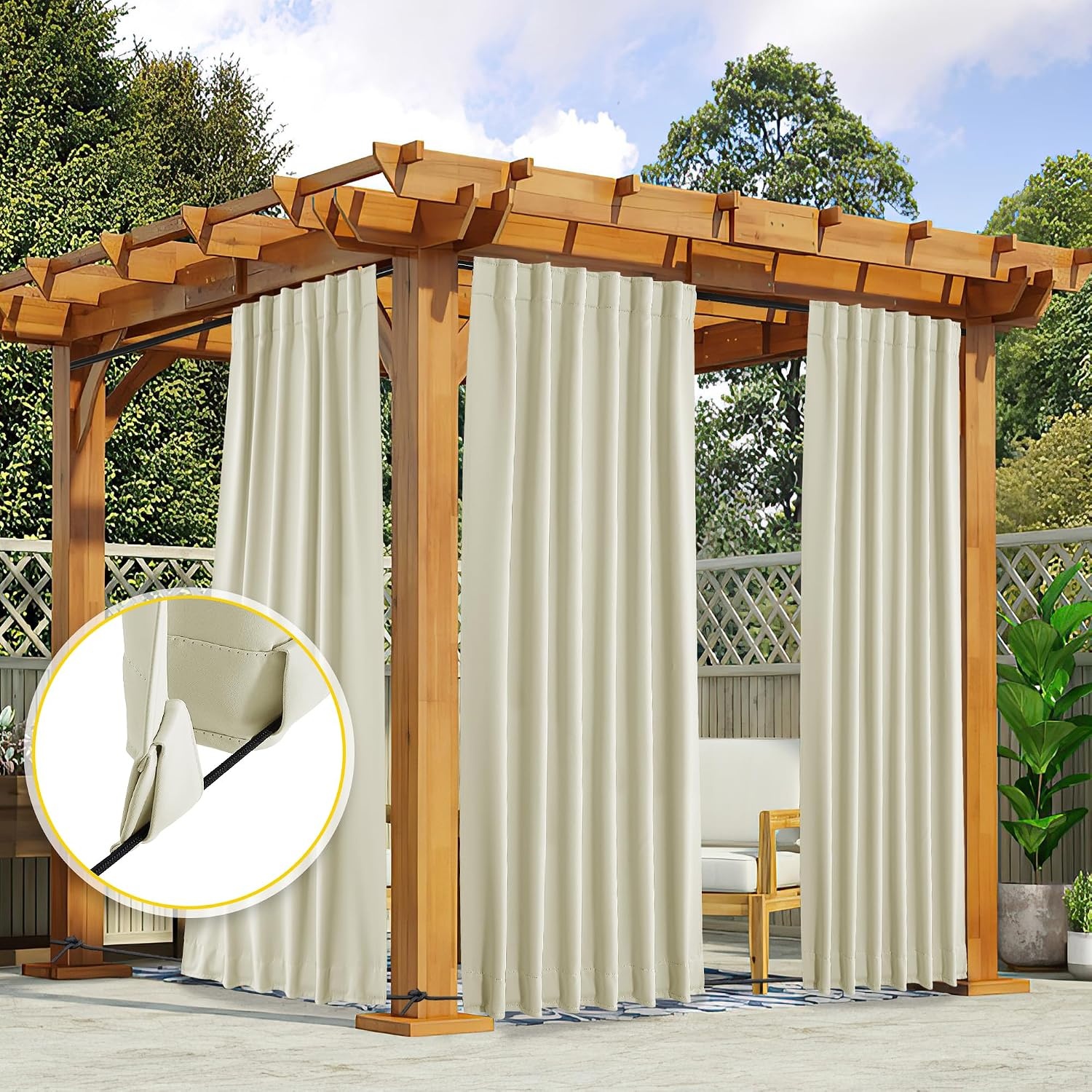 image:imageNICETOWN 2 Panels Outdoor Curtains for Patio Waterproof Windproof W52 x L84Beige