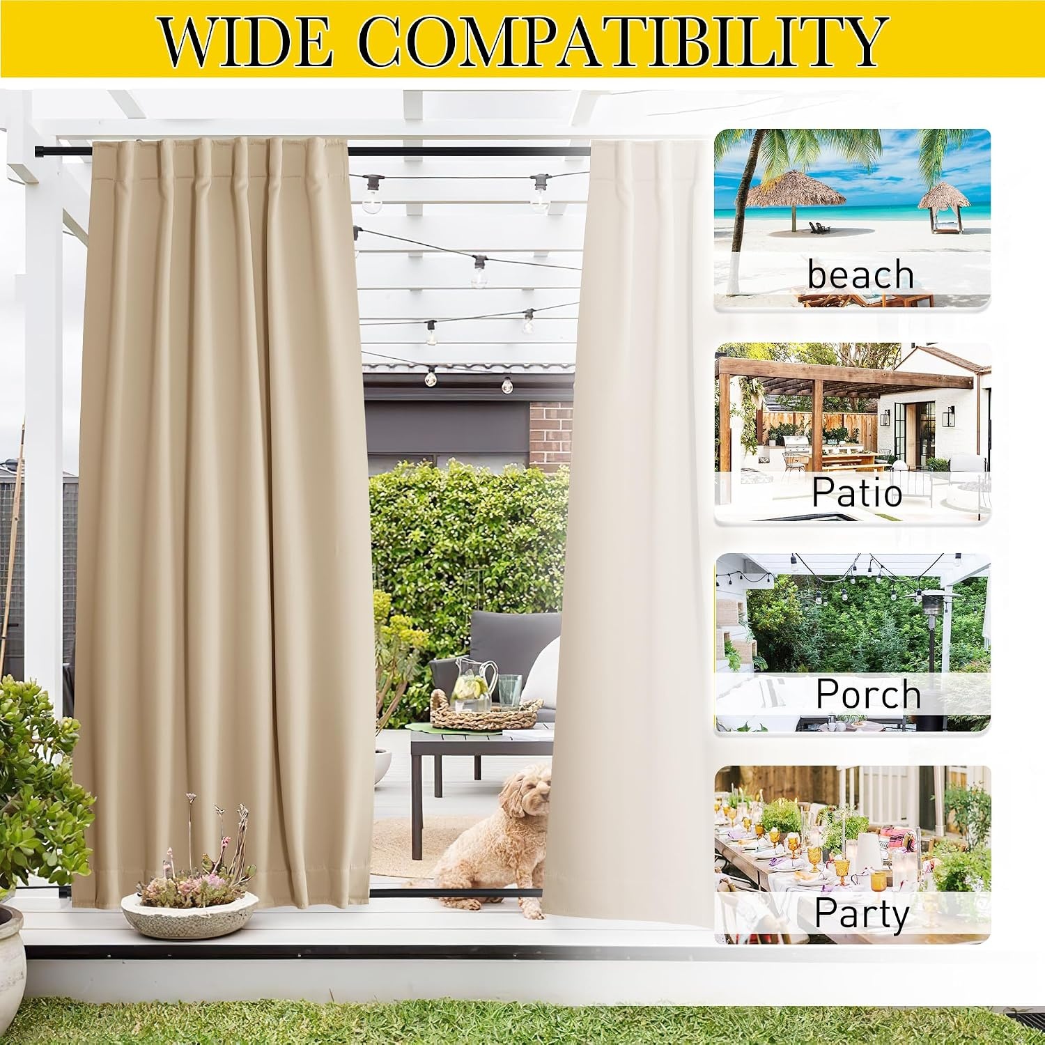 image:imageNICETOWN 2 Panels Outdoor Curtains for Patio Waterproof Windproof W52 x L84Biscotti Beige