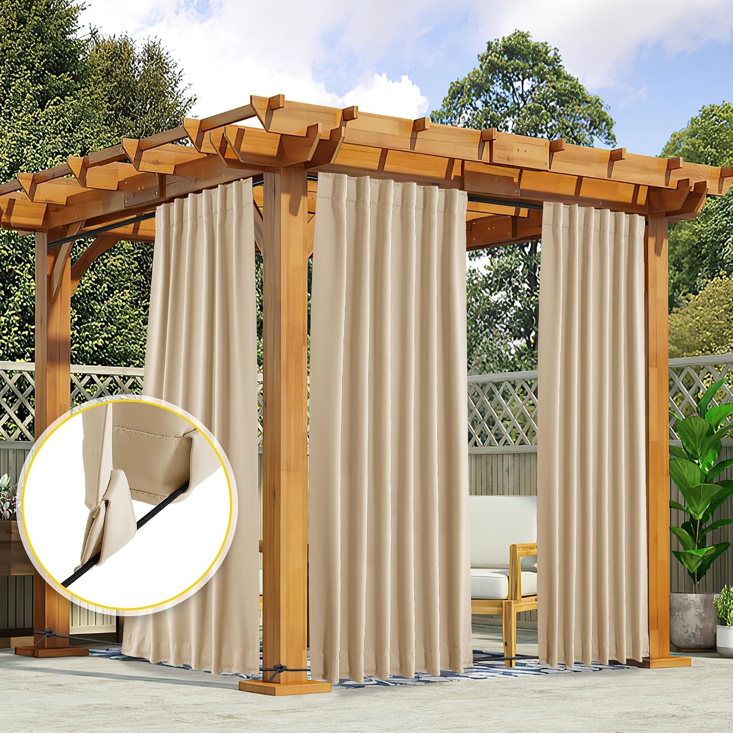 image:imageNICETOWN 2 Panels Outdoor Curtains for Patio Waterproof Windproof W52 x L84Biscotti Beige