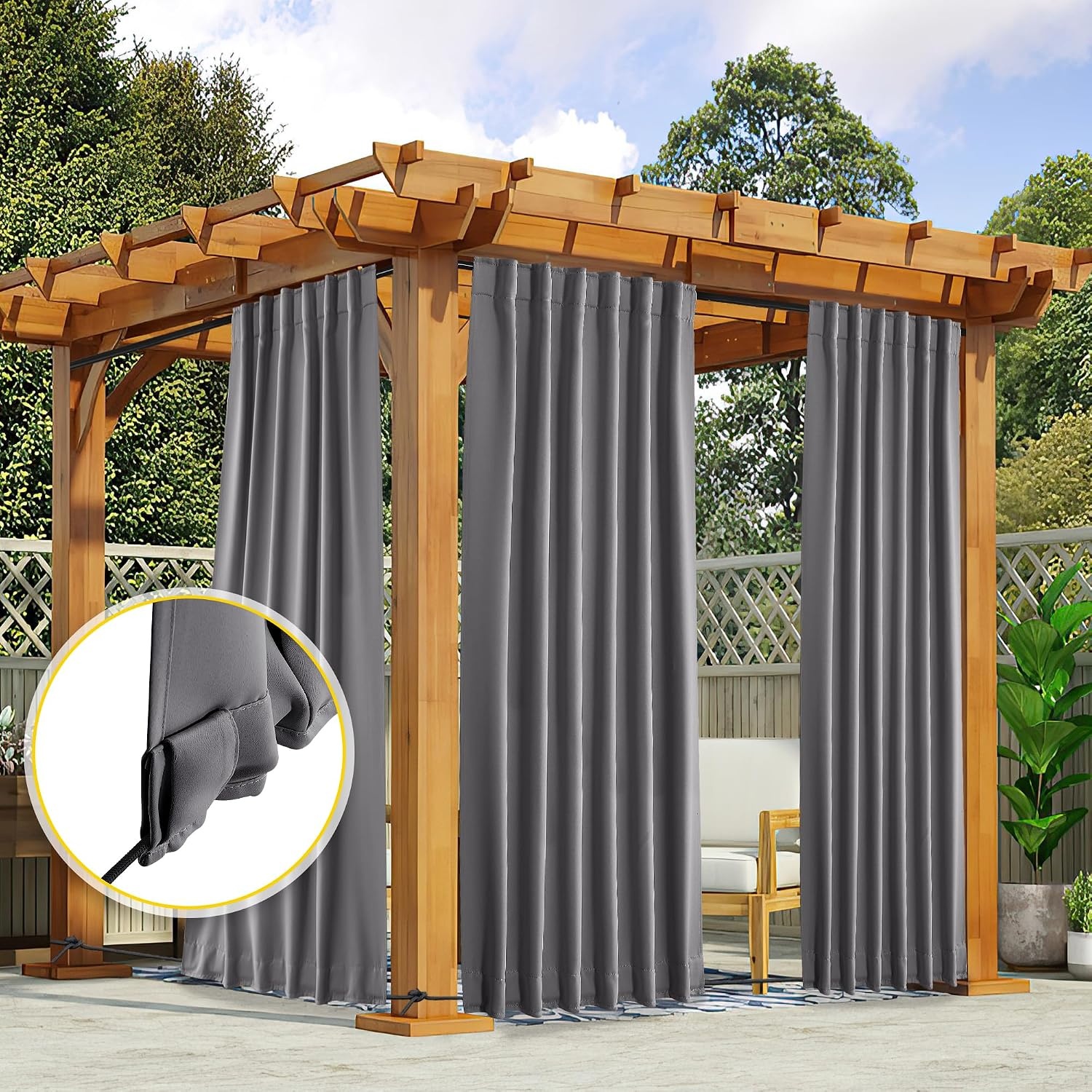 image:imageNICETOWN 2 Panels Outdoor Curtains for Patio Waterproof Windproof W52 x L84Grey