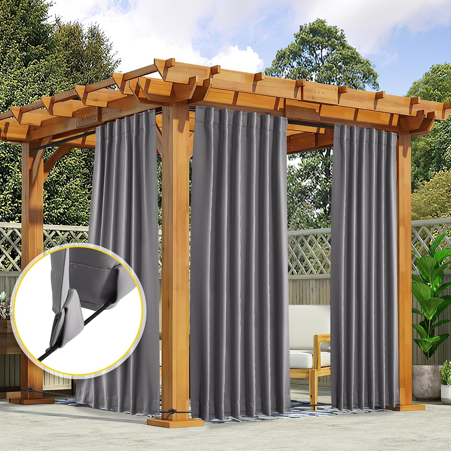 image:imageNICETOWN 2 Panels Outdoor Curtains for Patio Waterproof Windproof W52 x L84Grey