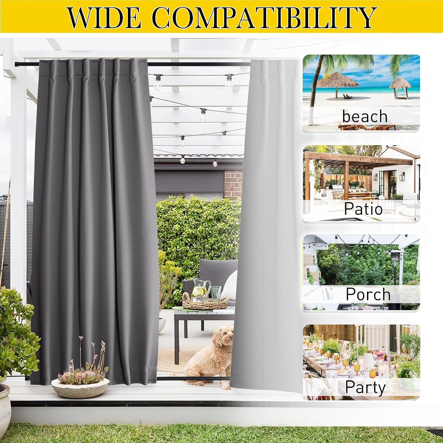 image:imageNICETOWN 2 Panels Outdoor Curtains for Patio Waterproof Windproof W52 x L84Grey