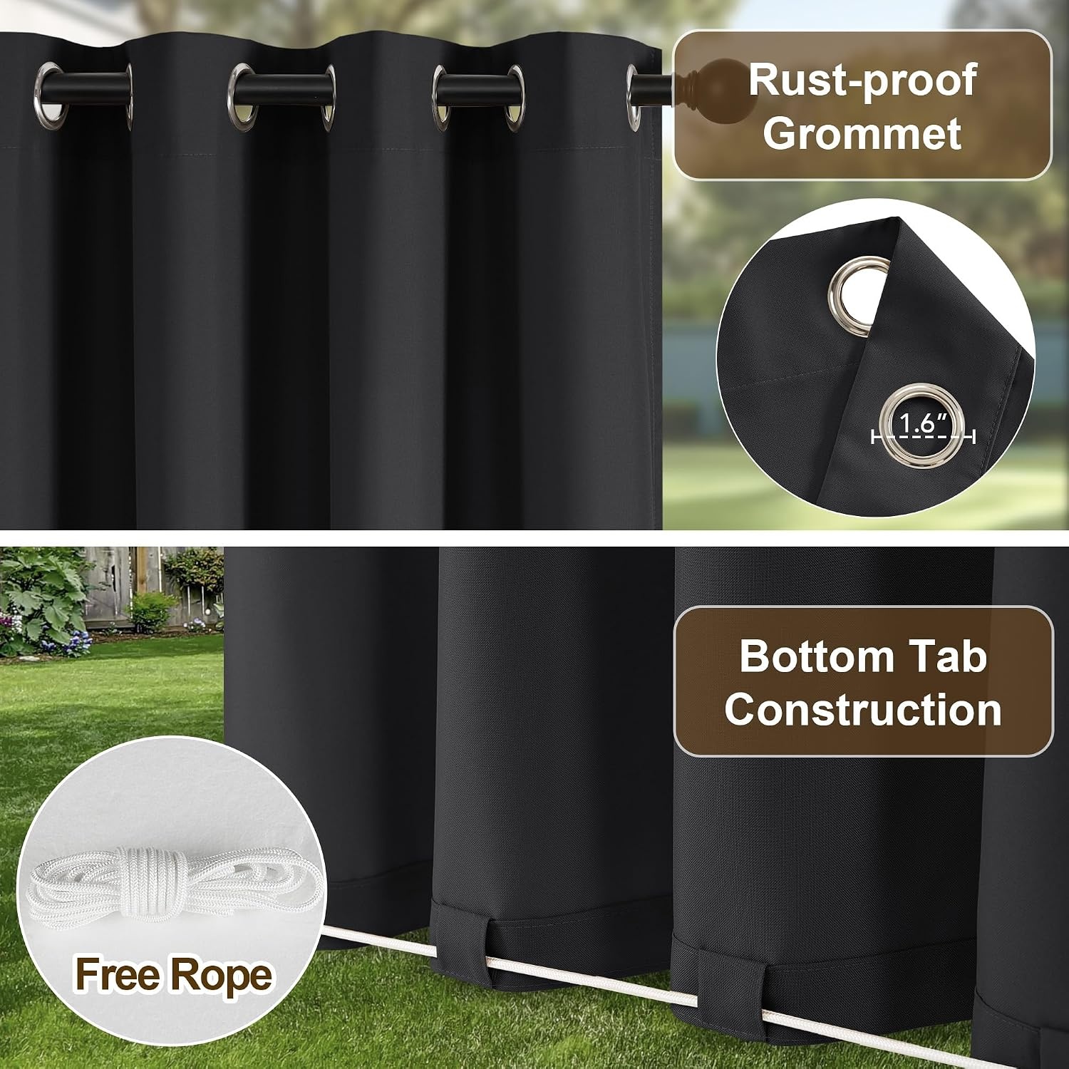 image:imageNICETOWN Outdoor Curtains for Patio Waterproof with Zipper Connects 2 PCsBlack