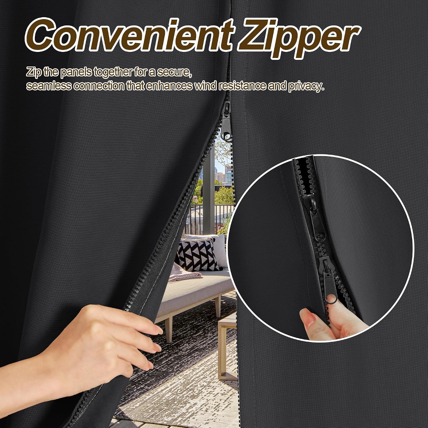 image:imageNICETOWN Outdoor Curtains for Patio Waterproof with Zipper Connects 2 PCsBlack