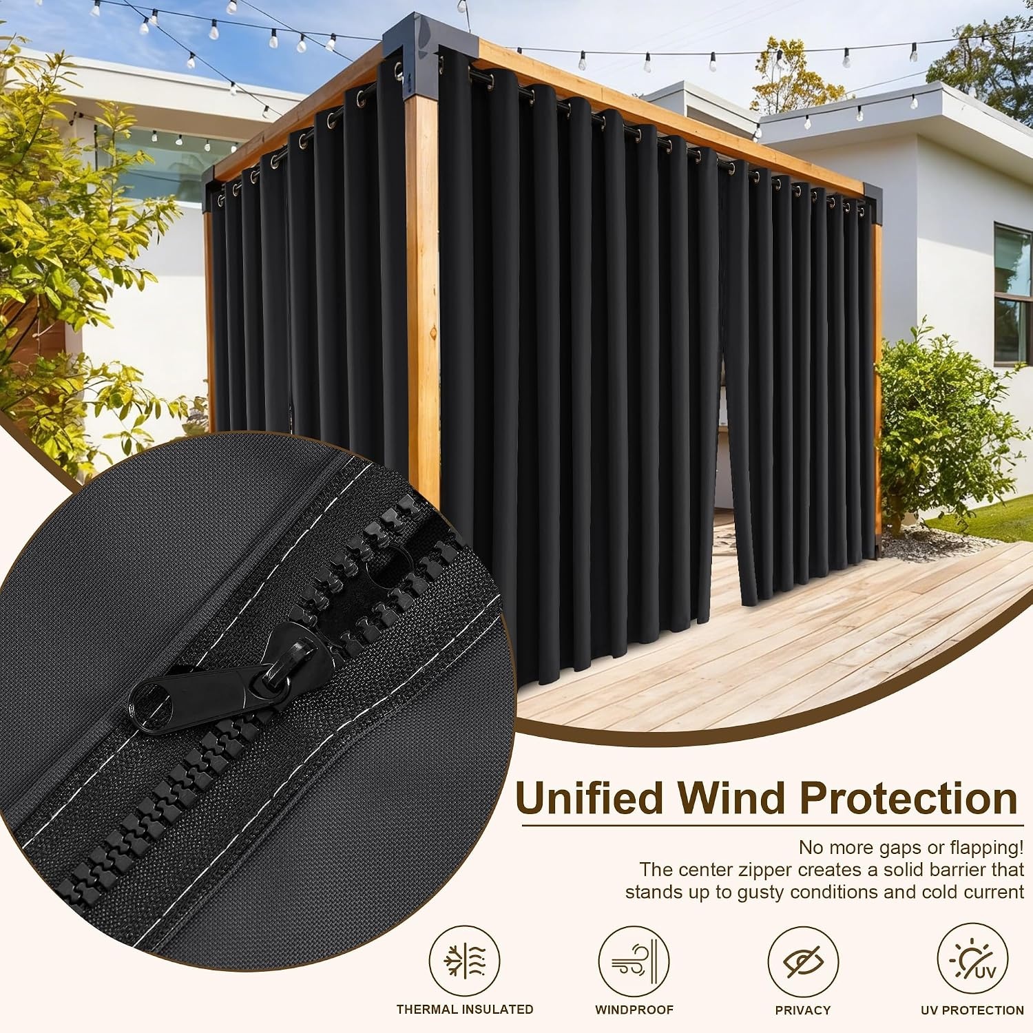 image:imageNICETOWN Outdoor Curtains for Patio Waterproof with Zipper Connects 2 PCsBlack