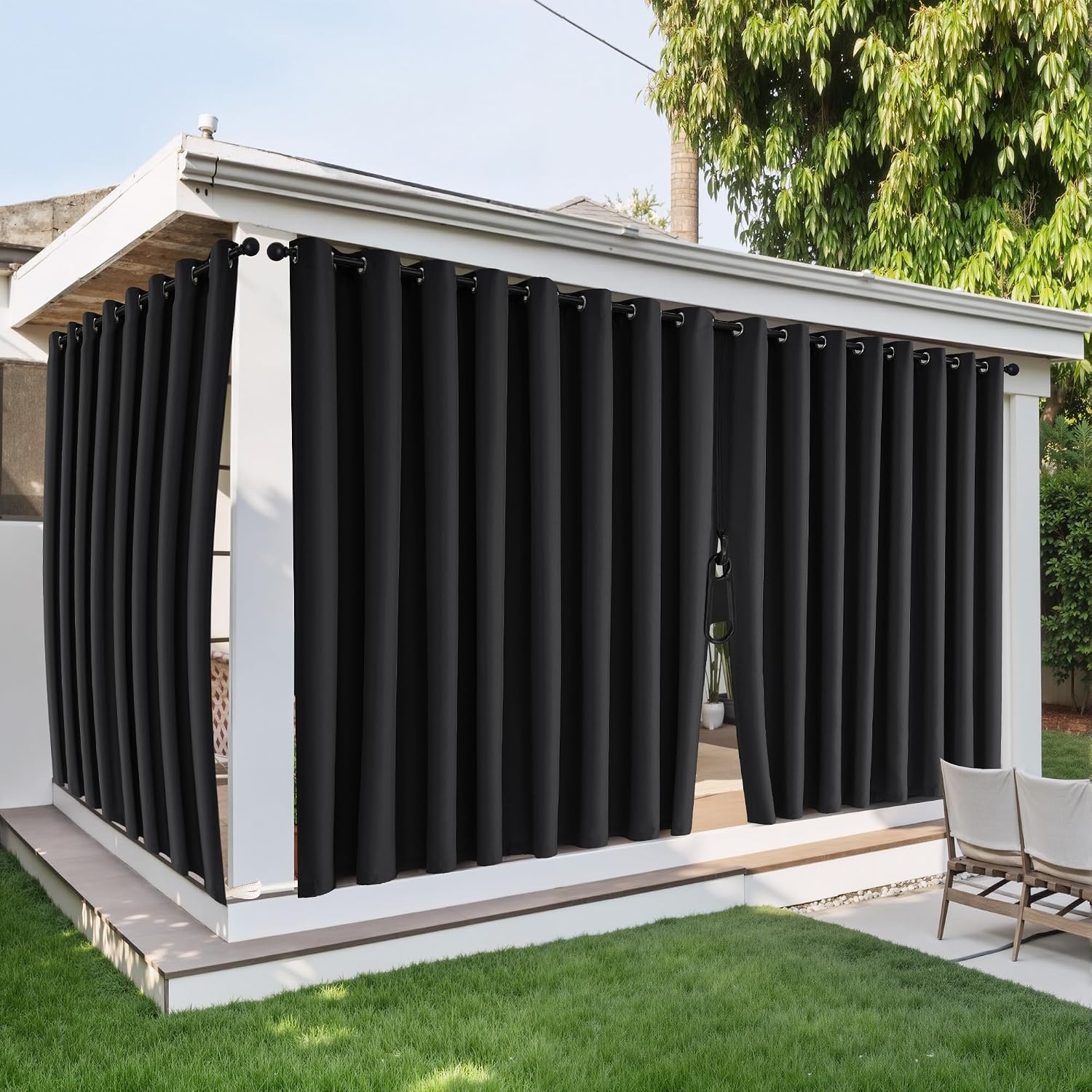 image:imageNICETOWN Outdoor Curtains for Patio Waterproof with Zipper Connects 2 PCsBlack