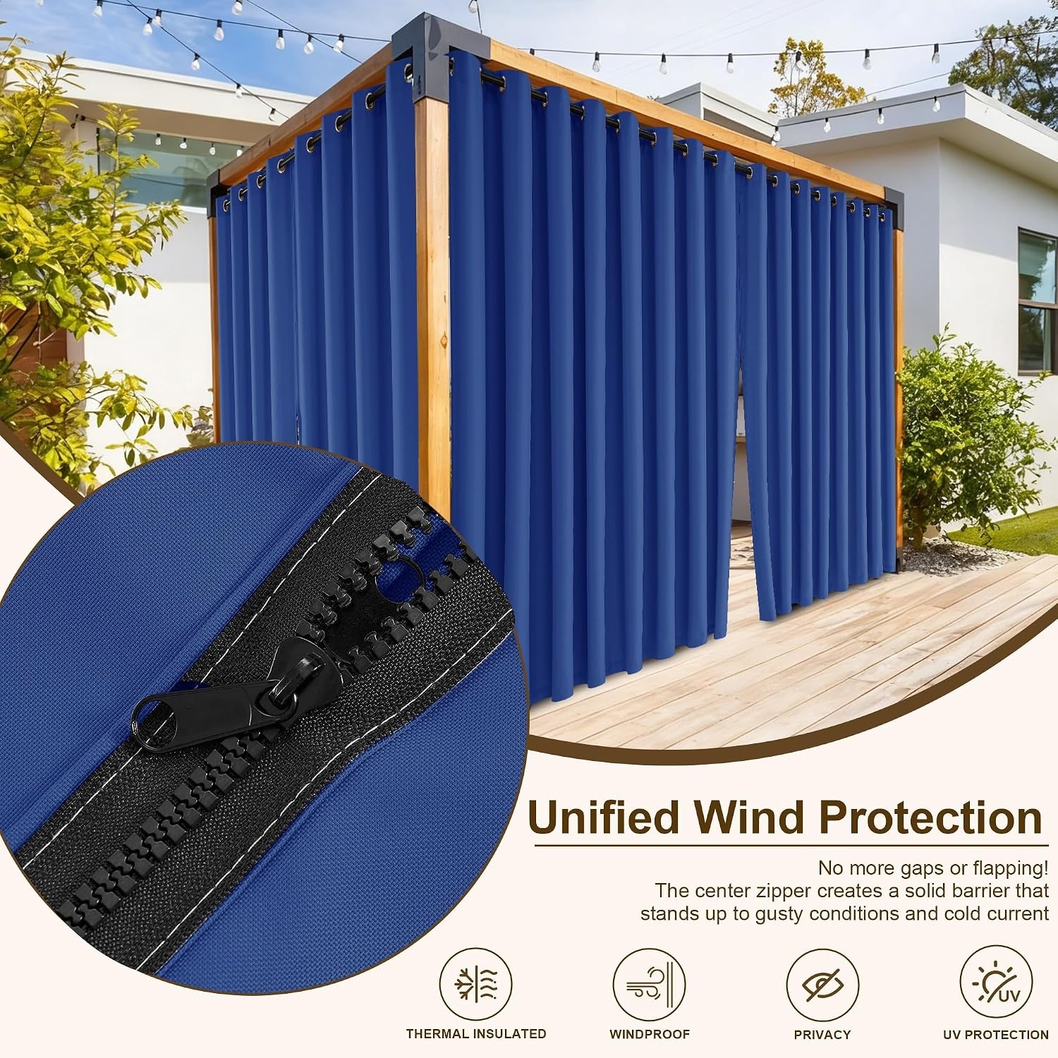 image:imageNICETOWN Outdoor Curtains for Patio Waterproof with Zipper Connects 2 PCsBlue