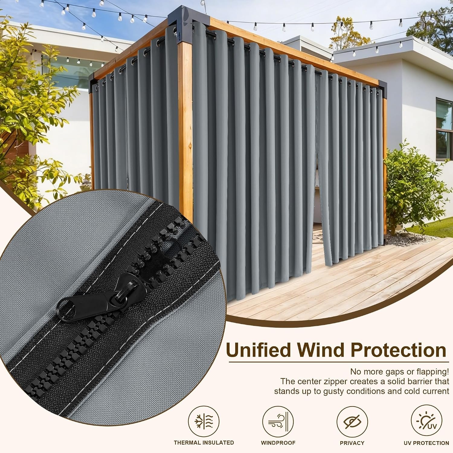 image:imageNICETOWN Outdoor Curtains for Patio Waterproof with Zipper Connects 2 PCsGray