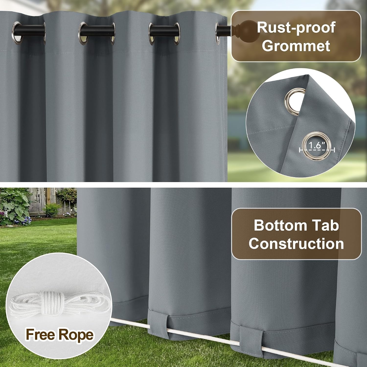image:imageNICETOWN Outdoor Curtains for Patio Waterproof with Zipper Connects 2 PCsGray