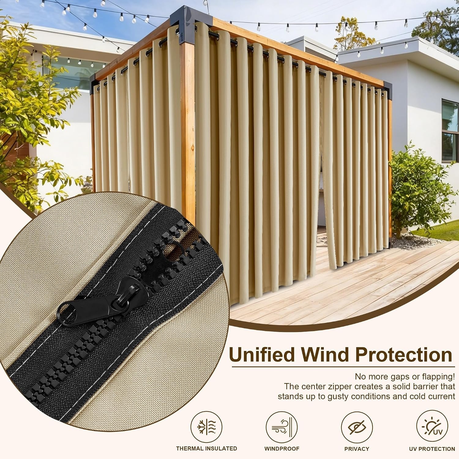 image:imageNICETOWN Outdoor Curtains for Patio Waterproof with Zipper Connects 2 PCsTaupe
