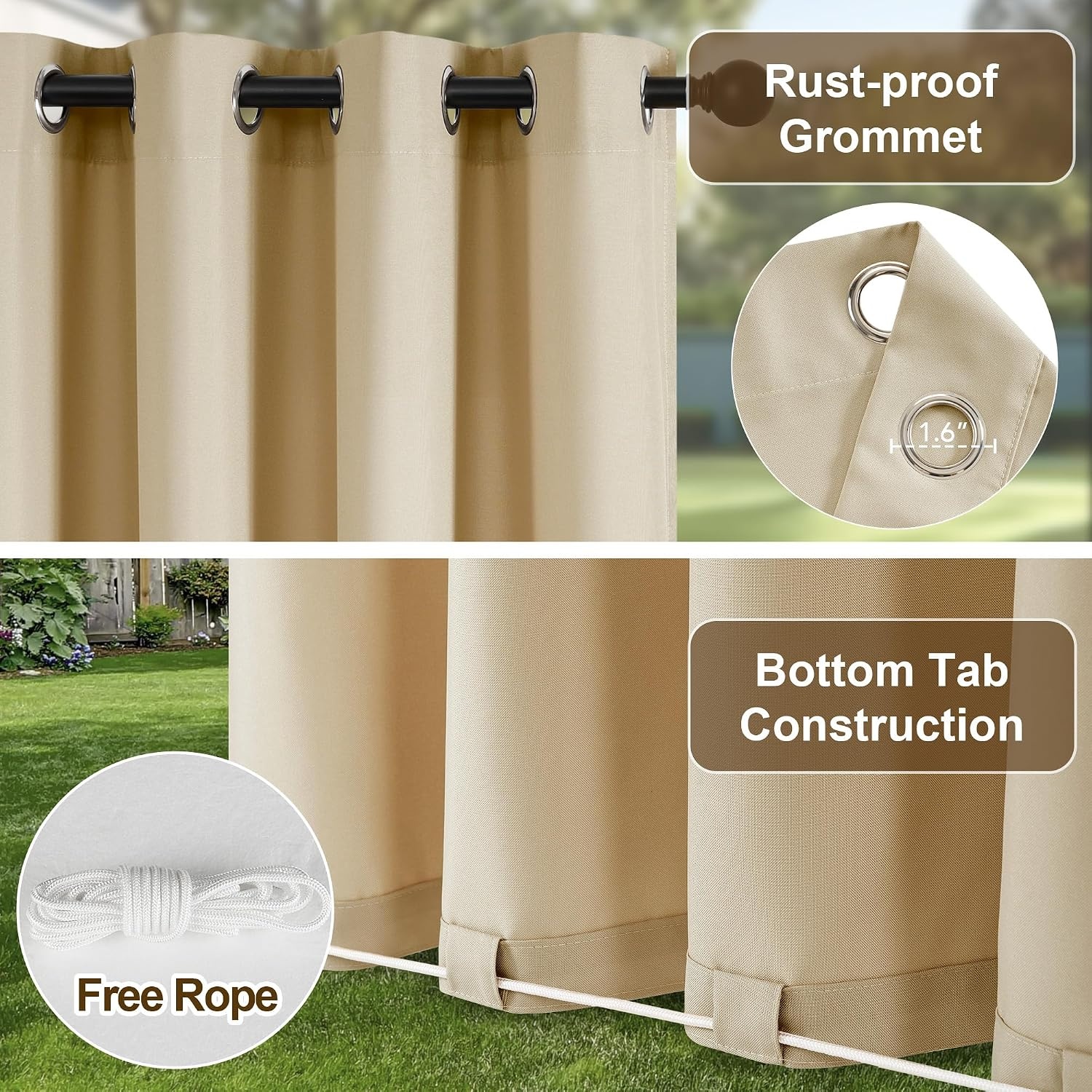 image:imageNICETOWN Outdoor Curtains for Patio Waterproof with Zipper Connects 2 PCsTaupe