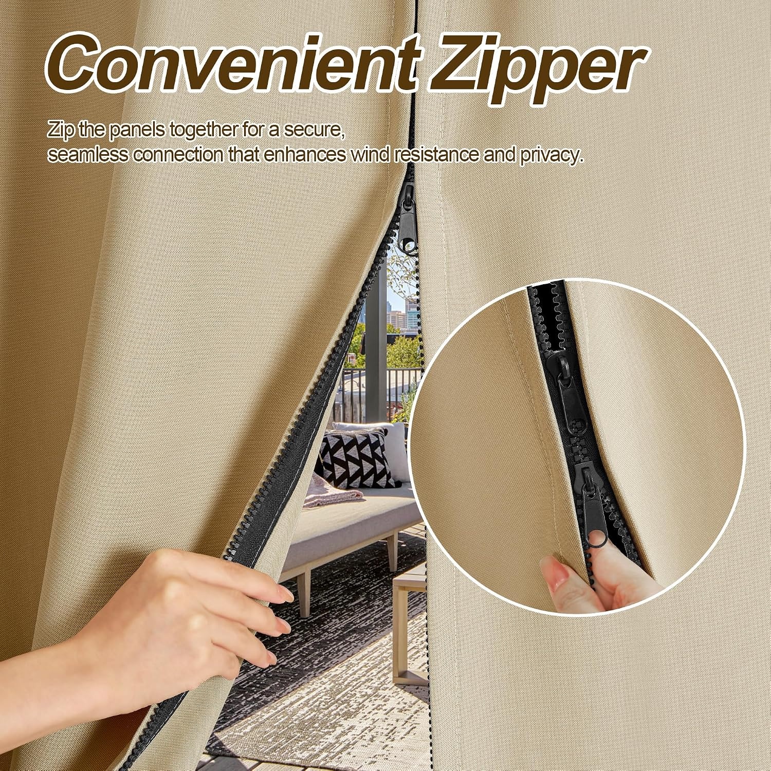 image:imageNICETOWN Outdoor Curtains for Patio Waterproof with Zipper Connects 2 PCsTaupe