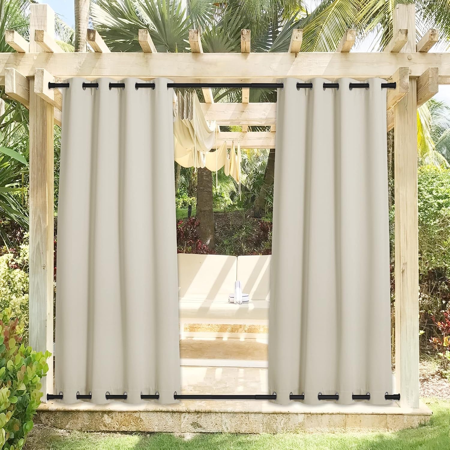 image:imageNICETOWN Weighted Outdoor Curtains for Patio Waterproof W52xL84 in 2 PanelsBeige