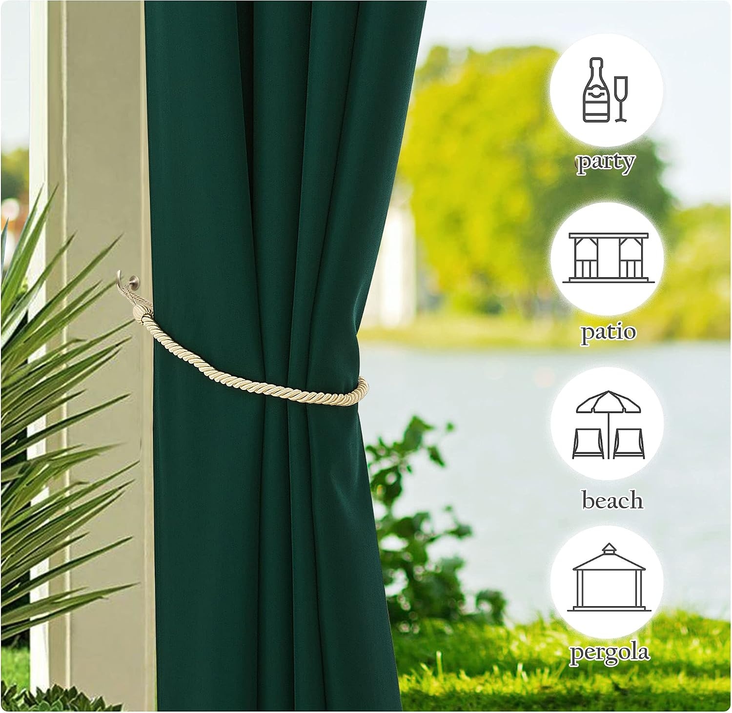 image:imageNICETOWN Weighted Outdoor Curtains for Patio Waterproof W52xL84 in 2 PanelsDark Green