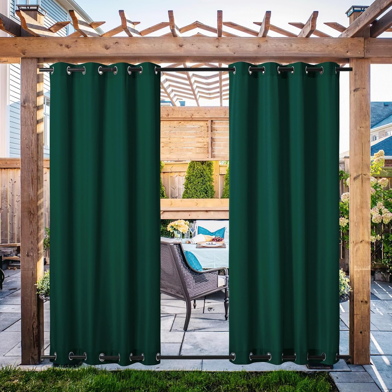 image:imageNICETOWN Weighted Outdoor Curtains for Patio Waterproof W52xL84 in 2 PanelsDark Green