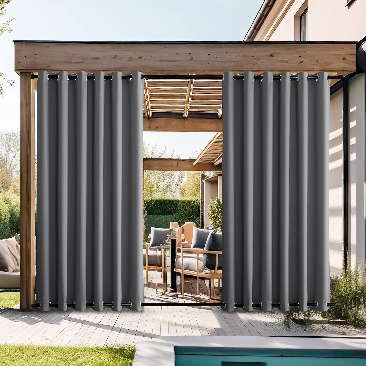 image:imageNICETOWN Weighted Outdoor Curtains for Patio Waterproof W52xL84 in 2 PanelsGrey