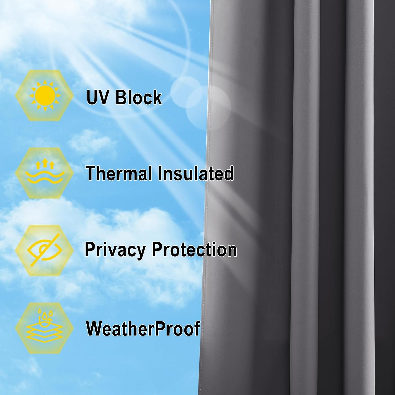 image:imageNICETOWN Weighted Outdoor Curtains for Patio Waterproof W52xL84 in 2 PanelsGrey