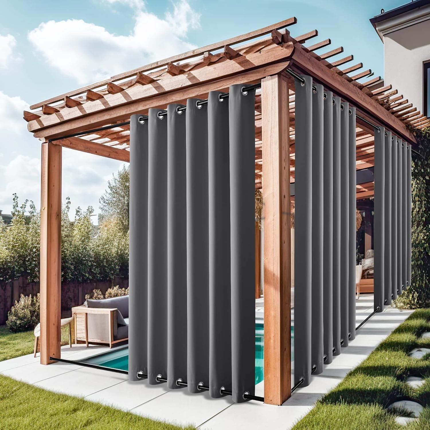 image:imageNICETOWN Weighted Outdoor Curtains for Patio Waterproof W52xL84 in 2 PanelsGrey