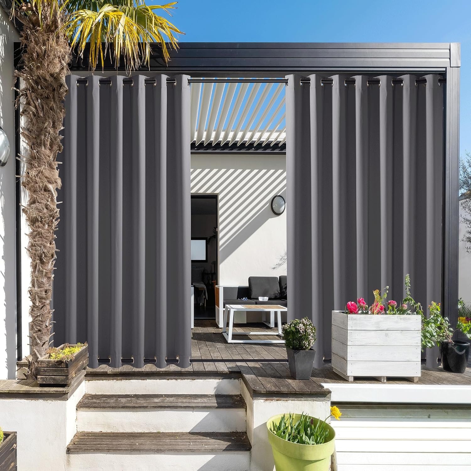 image:imageNICETOWN Weighted Outdoor Curtains for Patio Waterproof W52xL84 in 2 PanelsGrey