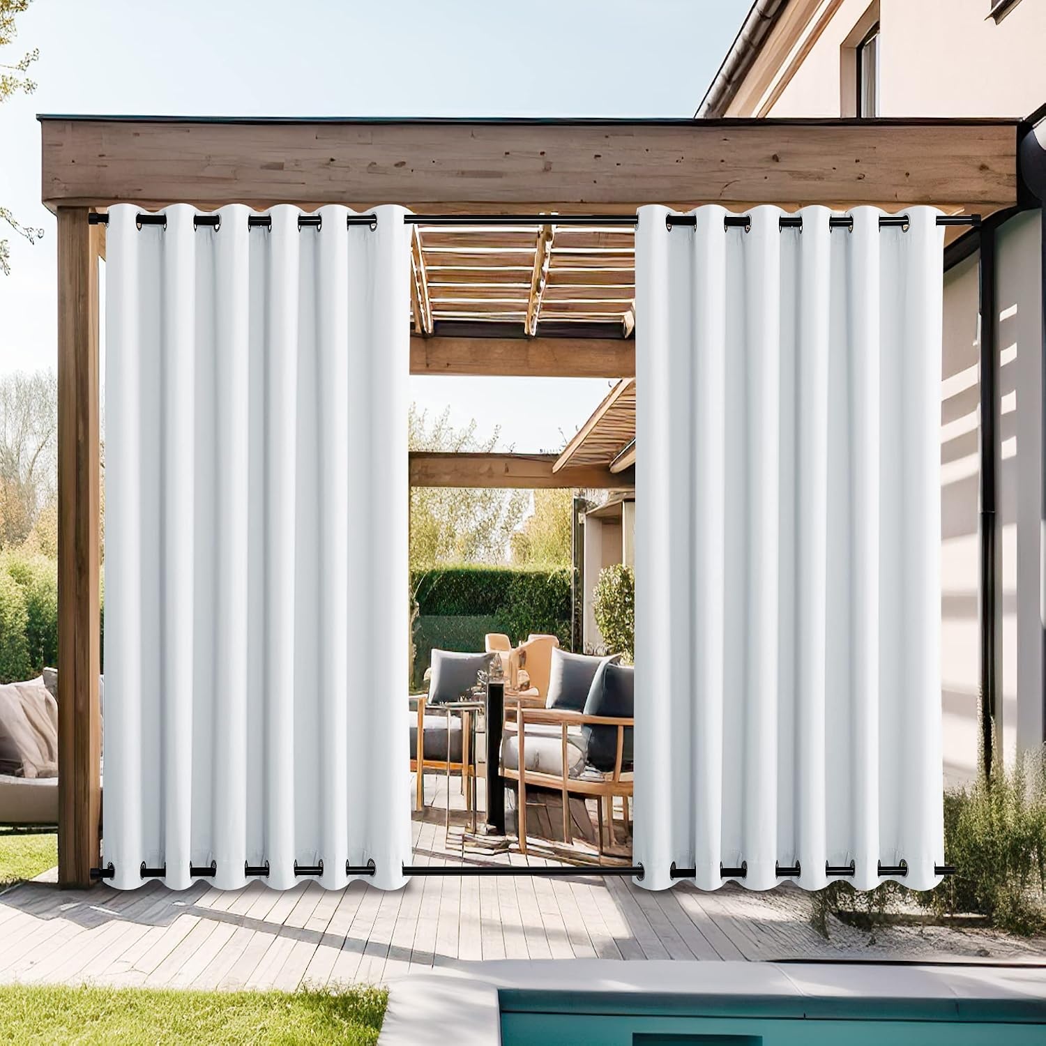 image:imageNICETOWN Weighted Outdoor Curtains for Patio Waterproof W52xL84 in 2 PanelsGreyish White