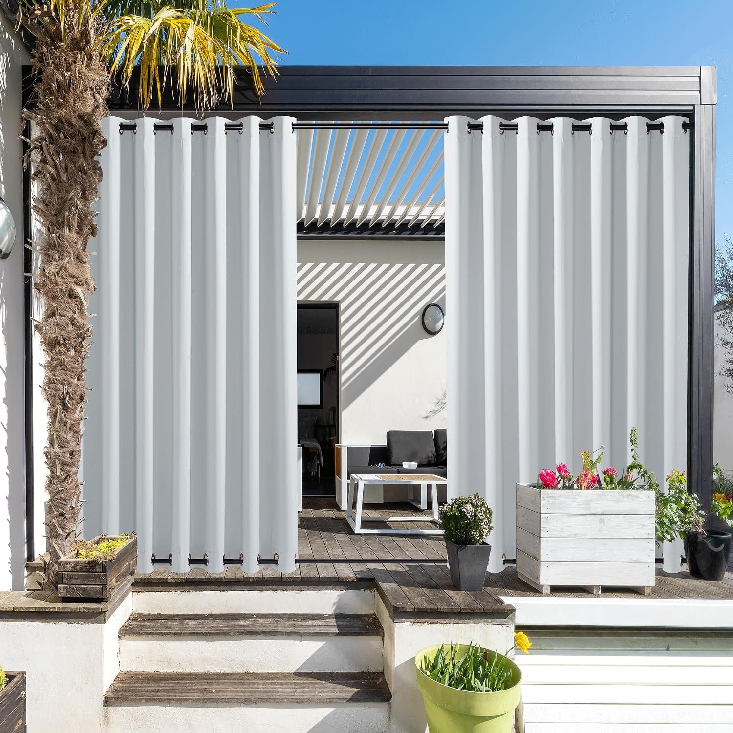 image:imageNICETOWN Weighted Outdoor Curtains for Patio Waterproof W52xL84 in 2 PanelsGreyish White
