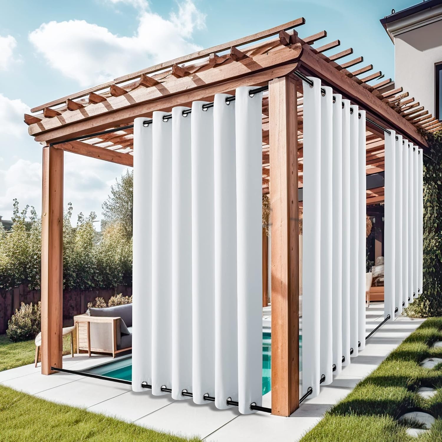 image:imageNICETOWN Weighted Outdoor Curtains for Patio Waterproof W52xL84 in 2 PanelsGreyish White