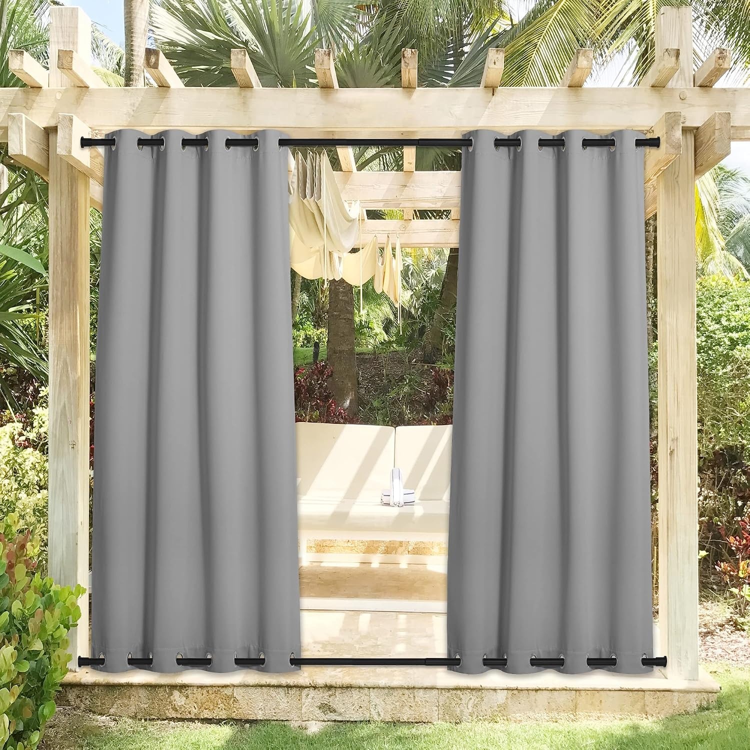 image:imageNICETOWN Weighted Outdoor Curtains for Patio Waterproof W52xL84 in 2 PanelsSilver Grey
