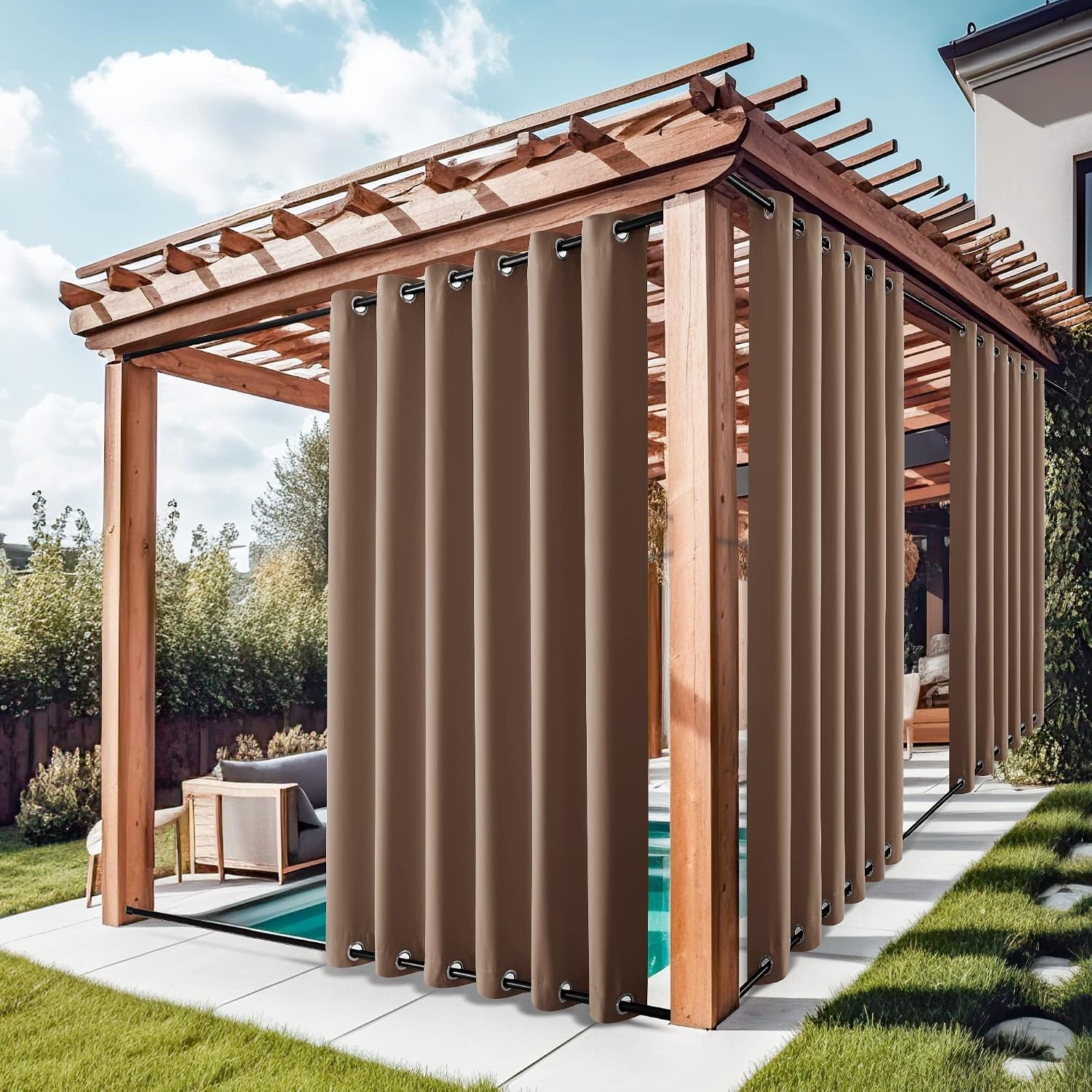 image:imageNICETOWN Weighted Outdoor Curtains for Patio Waterproof W52xL84 in 2 PanelsTan