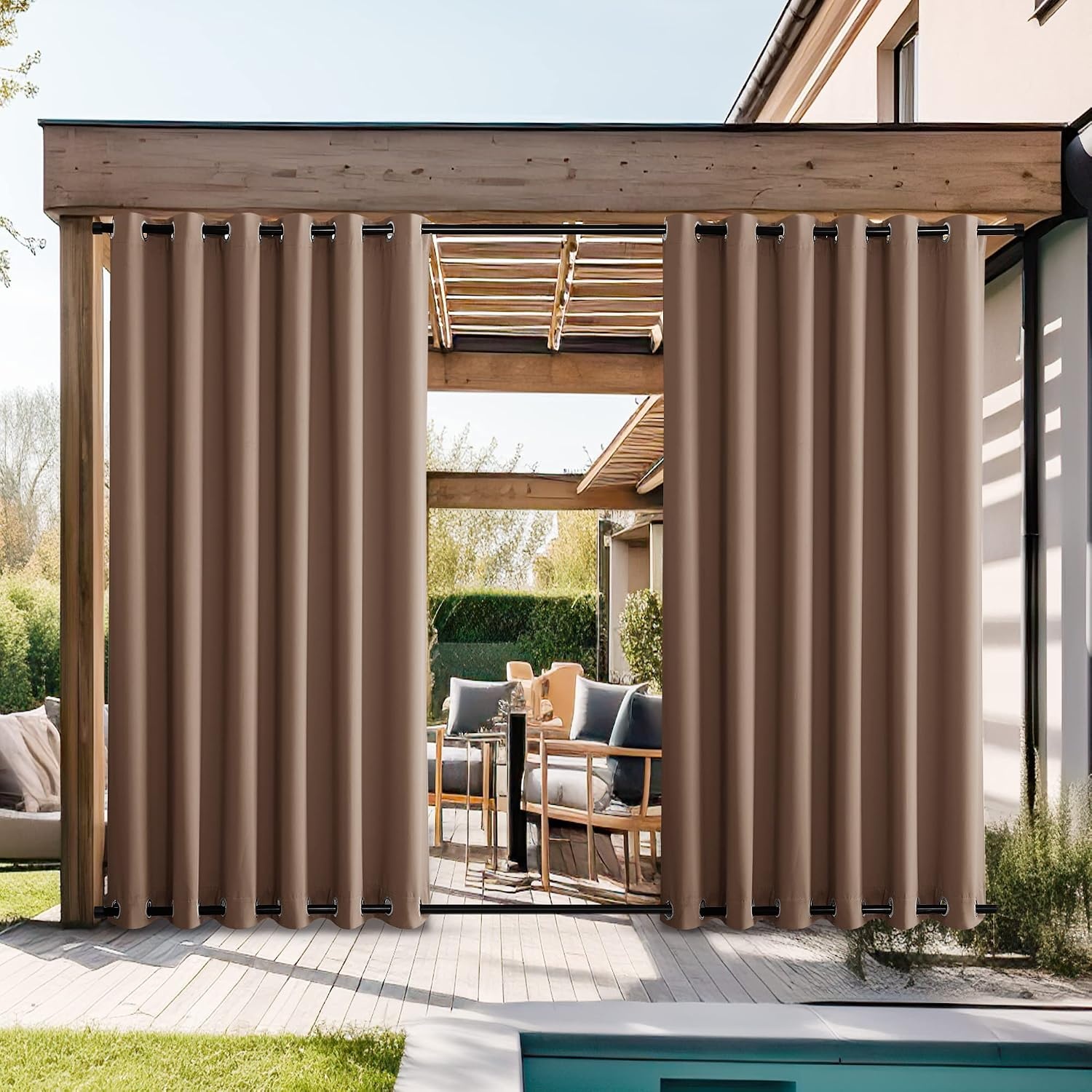 image:imageNICETOWN Weighted Outdoor Curtains for Patio Waterproof W52xL84 in 2 PanelsTan