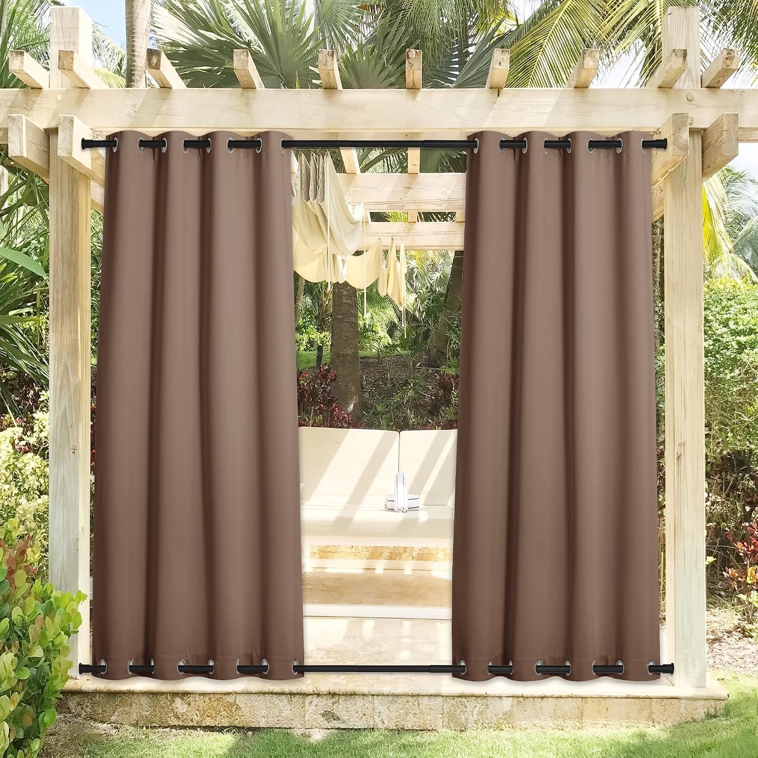 image:imageNICETOWN Weighted Outdoor Curtains for Patio Waterproof W52xL84 in 2 PanelsTan