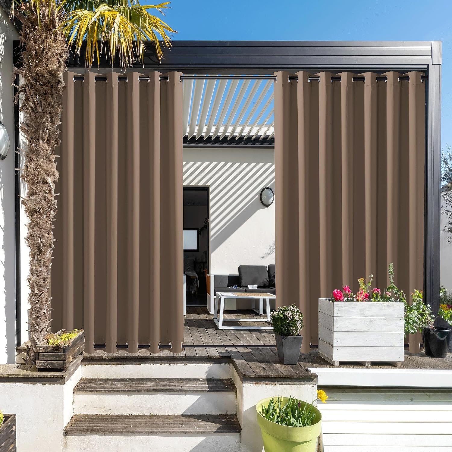 image:imageNICETOWN Weighted Outdoor Curtains for Patio Waterproof W52xL84 in 2 PanelsTan