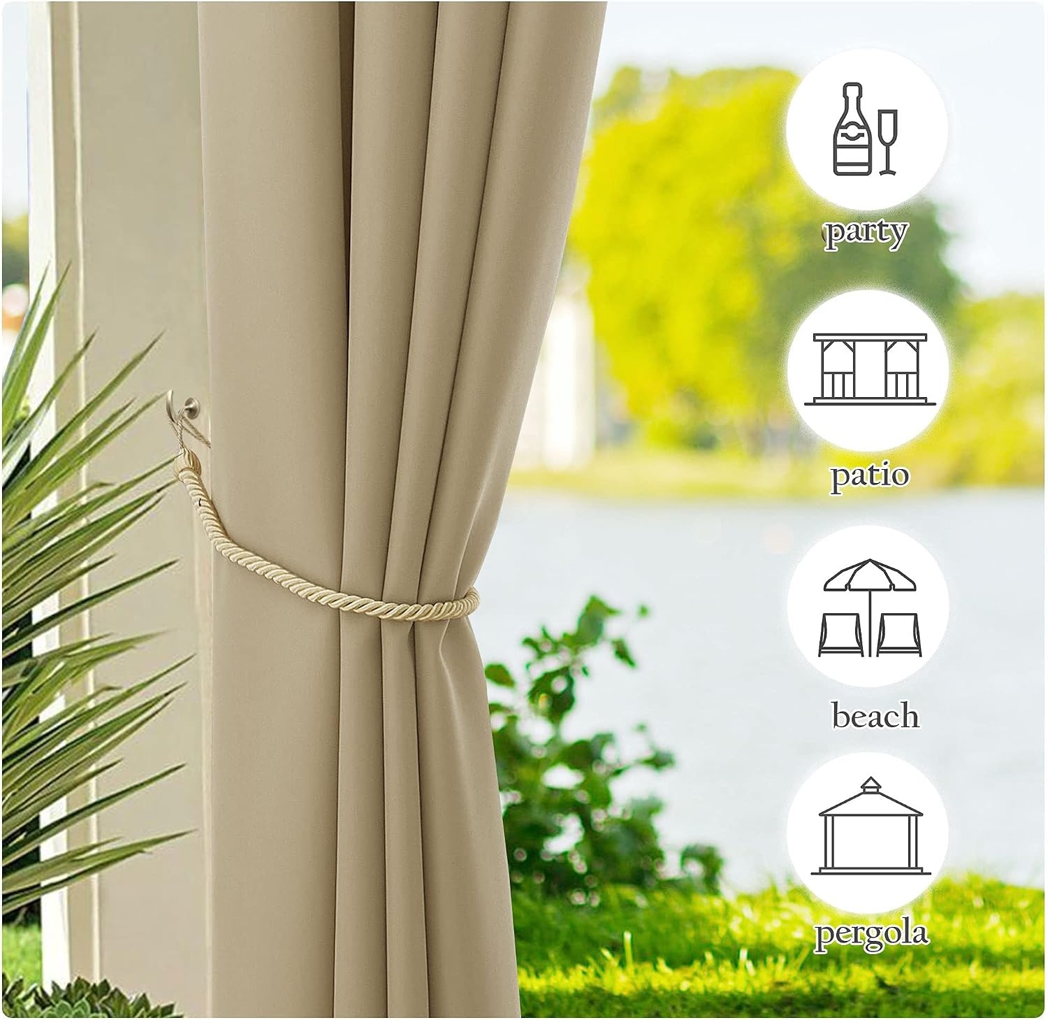 image:imageNICETOWN Weighted Outdoor Curtains for Patio Waterproof W52xL84 in 2 PanelsTaupe