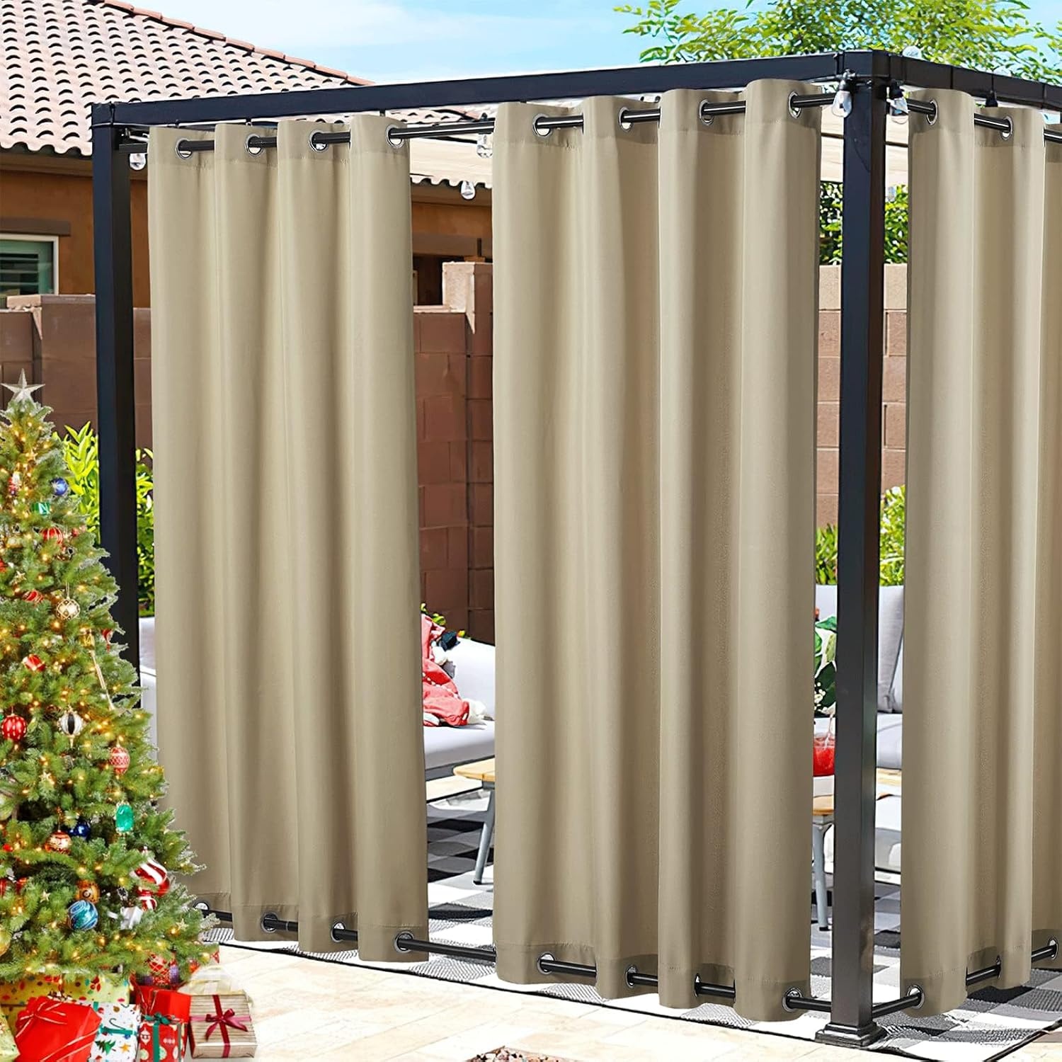 image:imageNICETOWN Weighted Outdoor Curtains for Patio Waterproof W52xL84 in 2 PanelsTaupe
