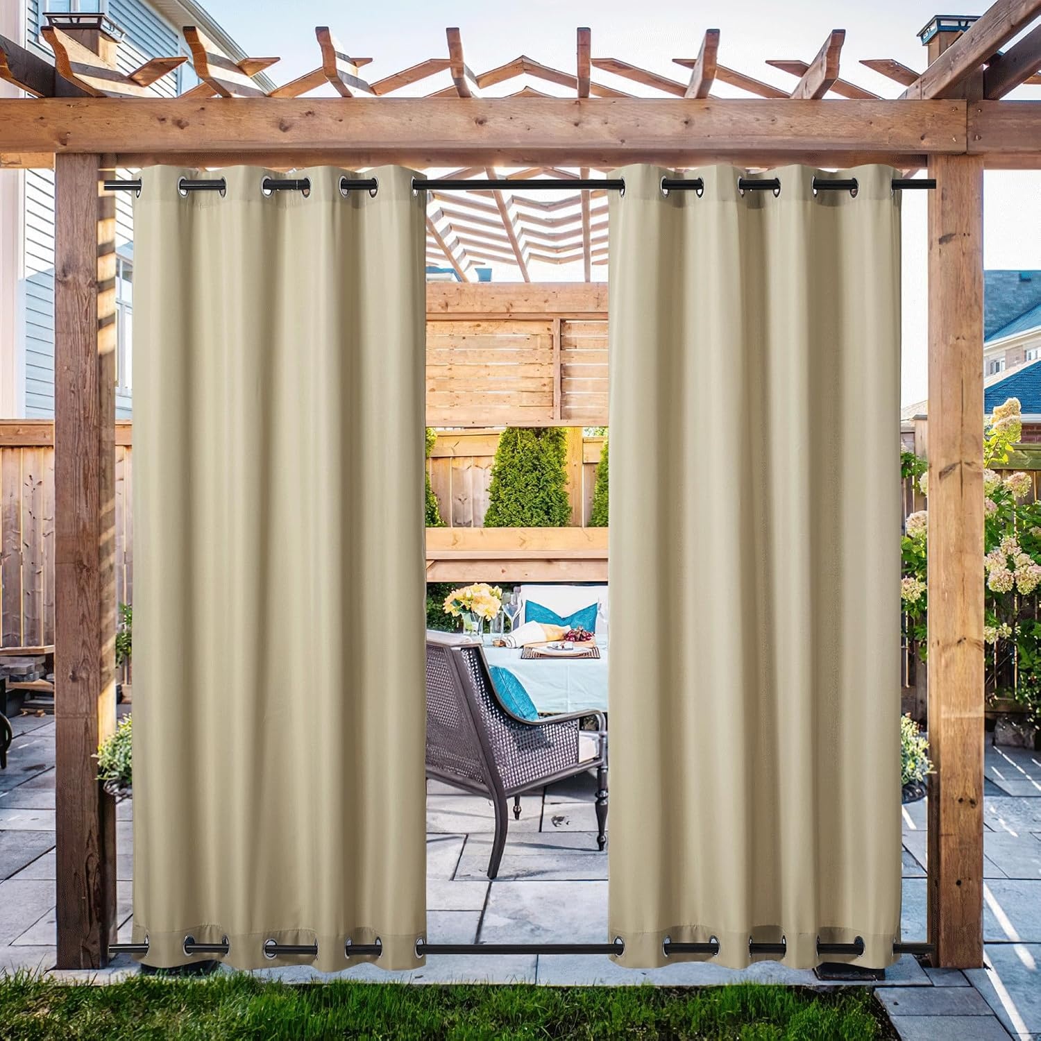 image:imageNICETOWN Weighted Outdoor Curtains for Patio Waterproof W52xL84 in 2 PanelsTaupe