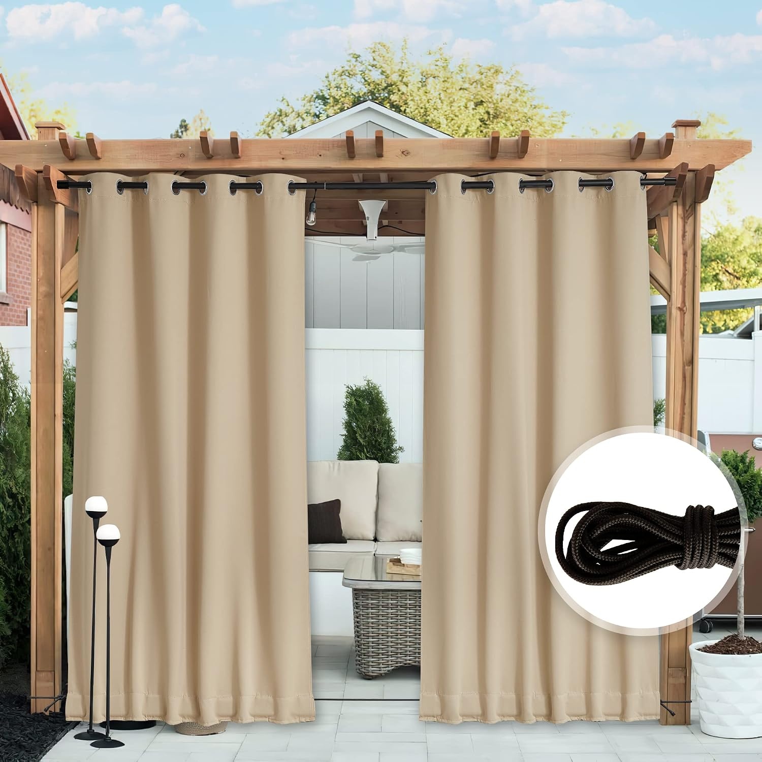 image:imageNICETOWN 2 PCs Waterproof Outdoor Curtains for Patio W52xL84 Biscotti BeigeBiscotti Beige