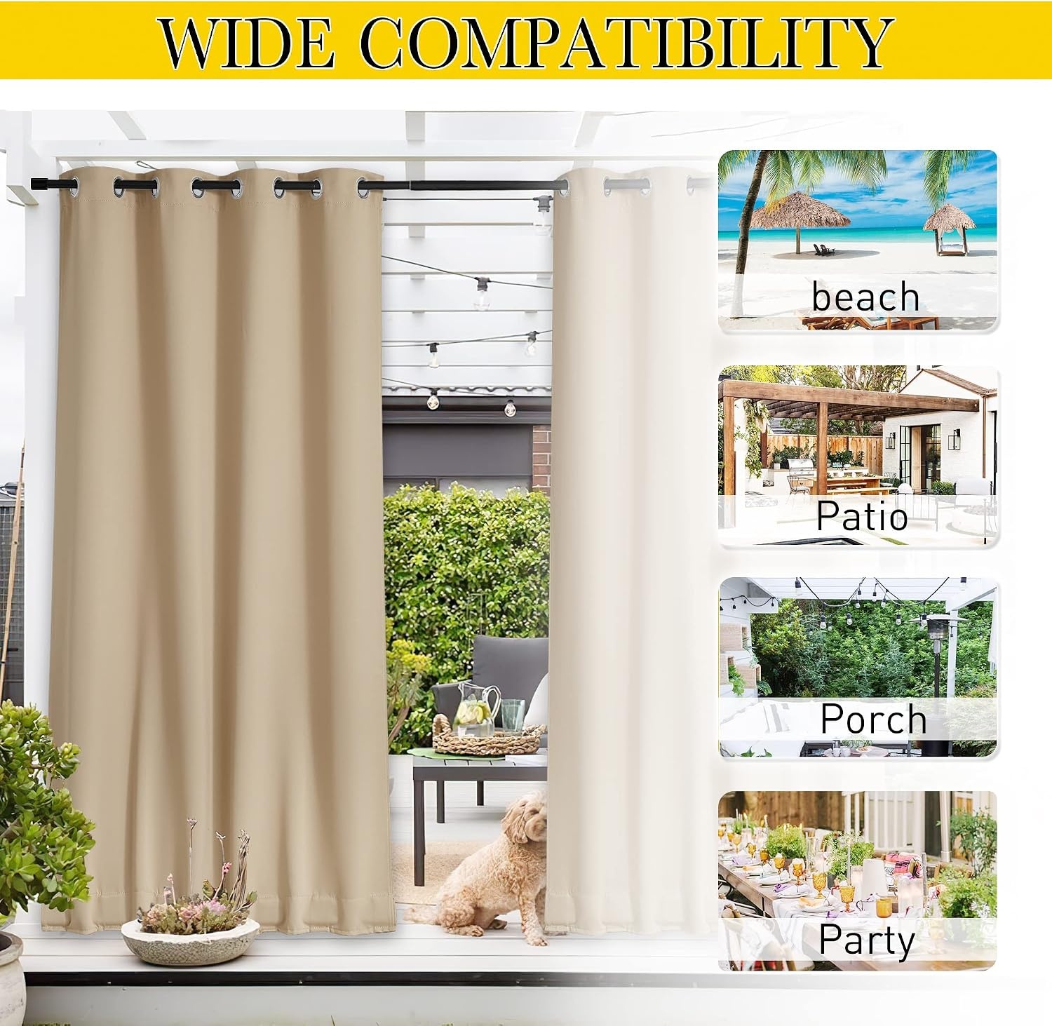 image:imageNICETOWN 2 PCs Waterproof Outdoor Curtains for Patio W52xL84 Biscotti BeigeBiscotti Beige