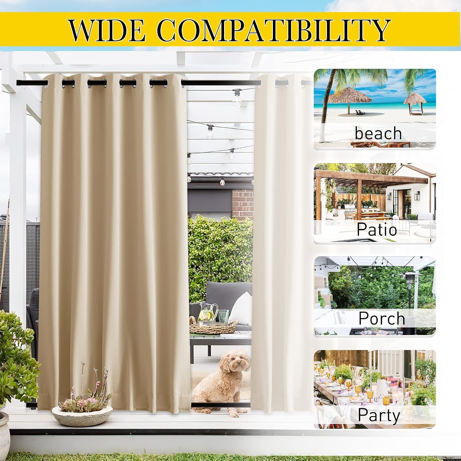 image:imageNICETOWN 2 PCs Waterproof Outdoor Curtains for Patio W52xL84 Biscotti BeigeBiscotti Beige