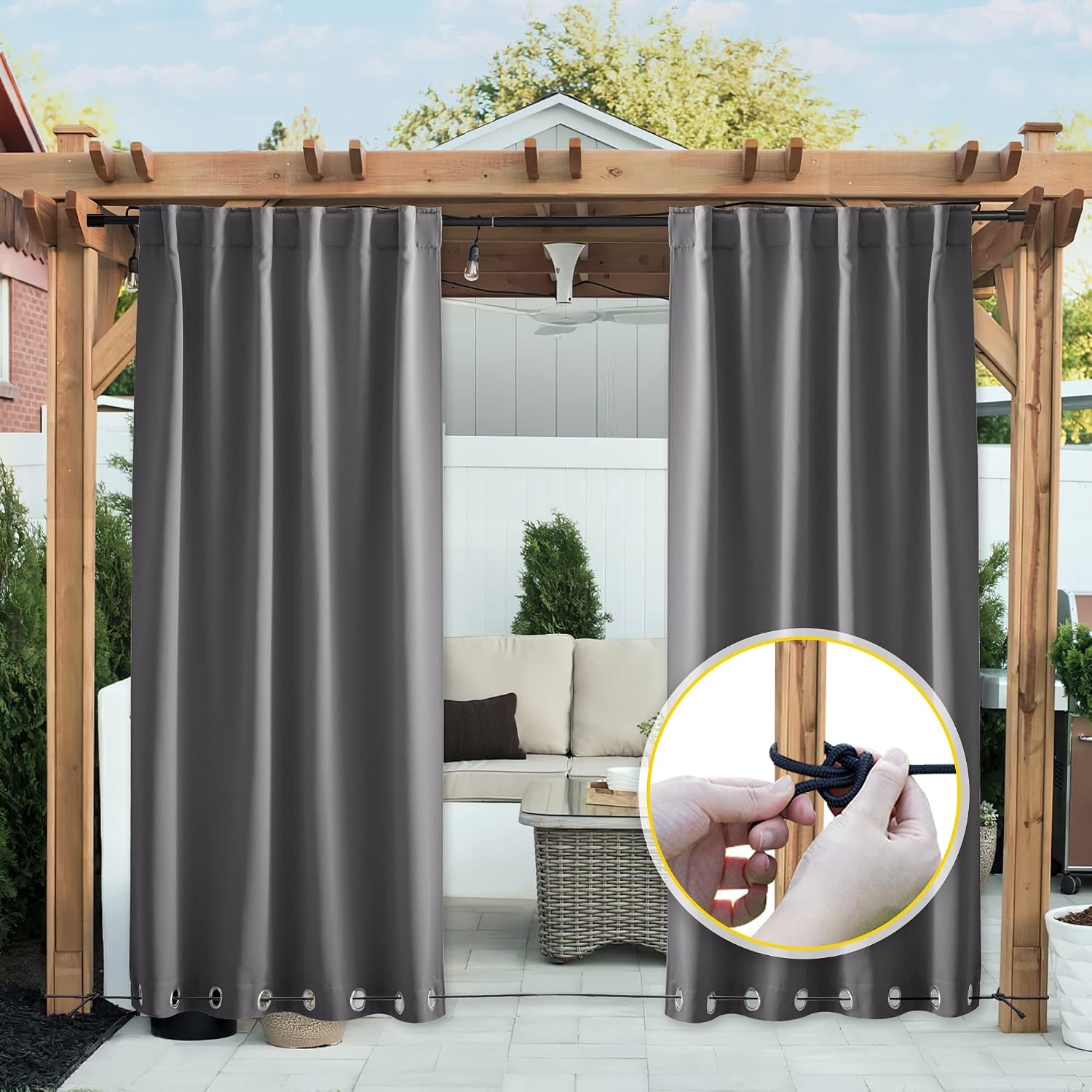 image:imageNICETOWN 2 PCs Waterproof Outdoor Curtains for Patio W52xL84 Biscotti BeigeGrey