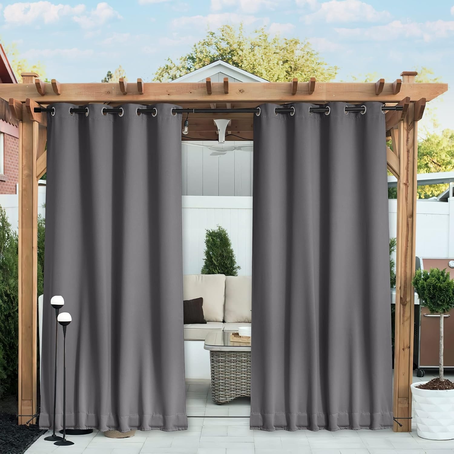 image:imageNICETOWN 2 PCs Waterproof Outdoor Curtains for Patio W52xL84 Biscotti BeigeGrey