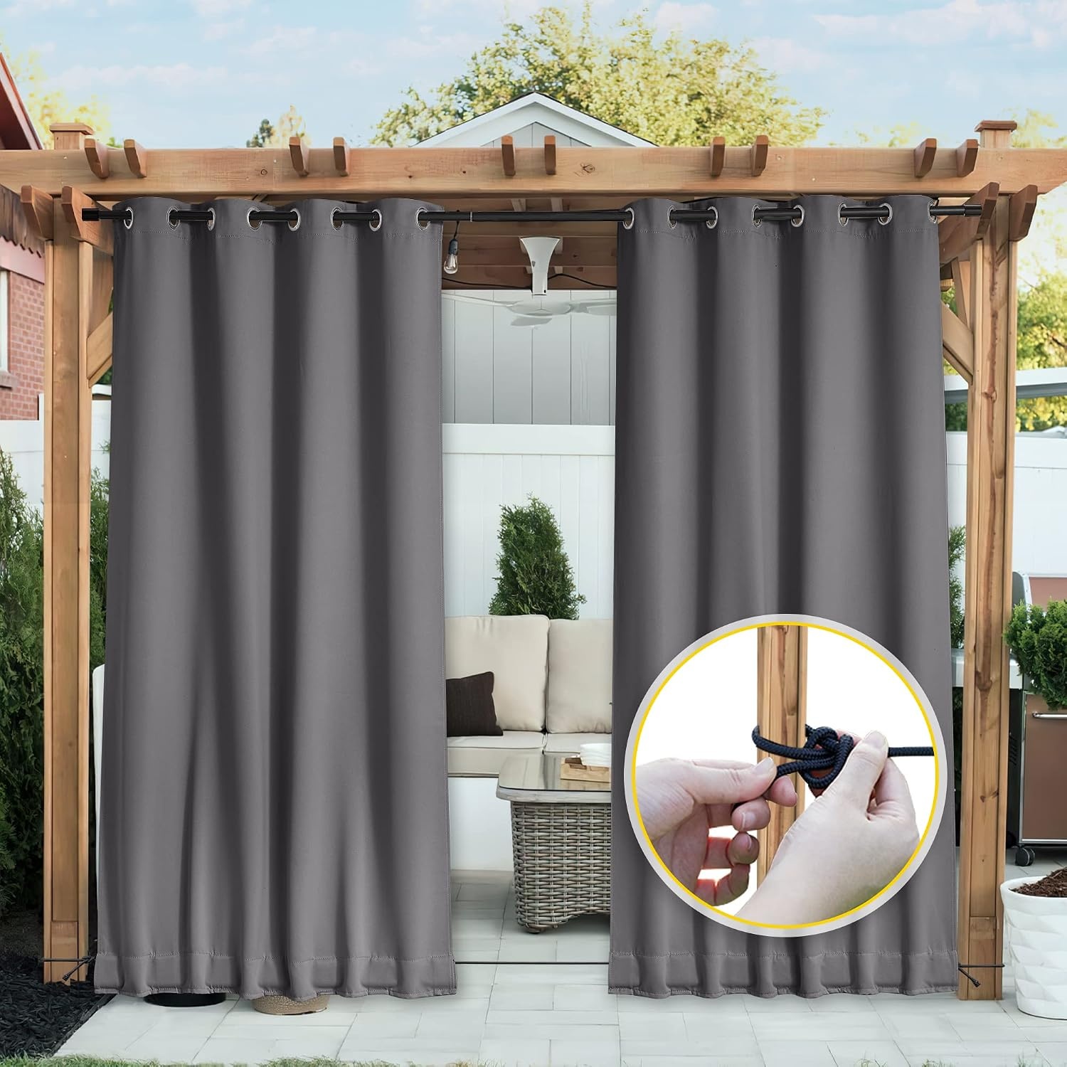 image:imageNICETOWN 2 PCs Waterproof Outdoor Curtains for Patio W52xL84 Biscotti BeigeGrey