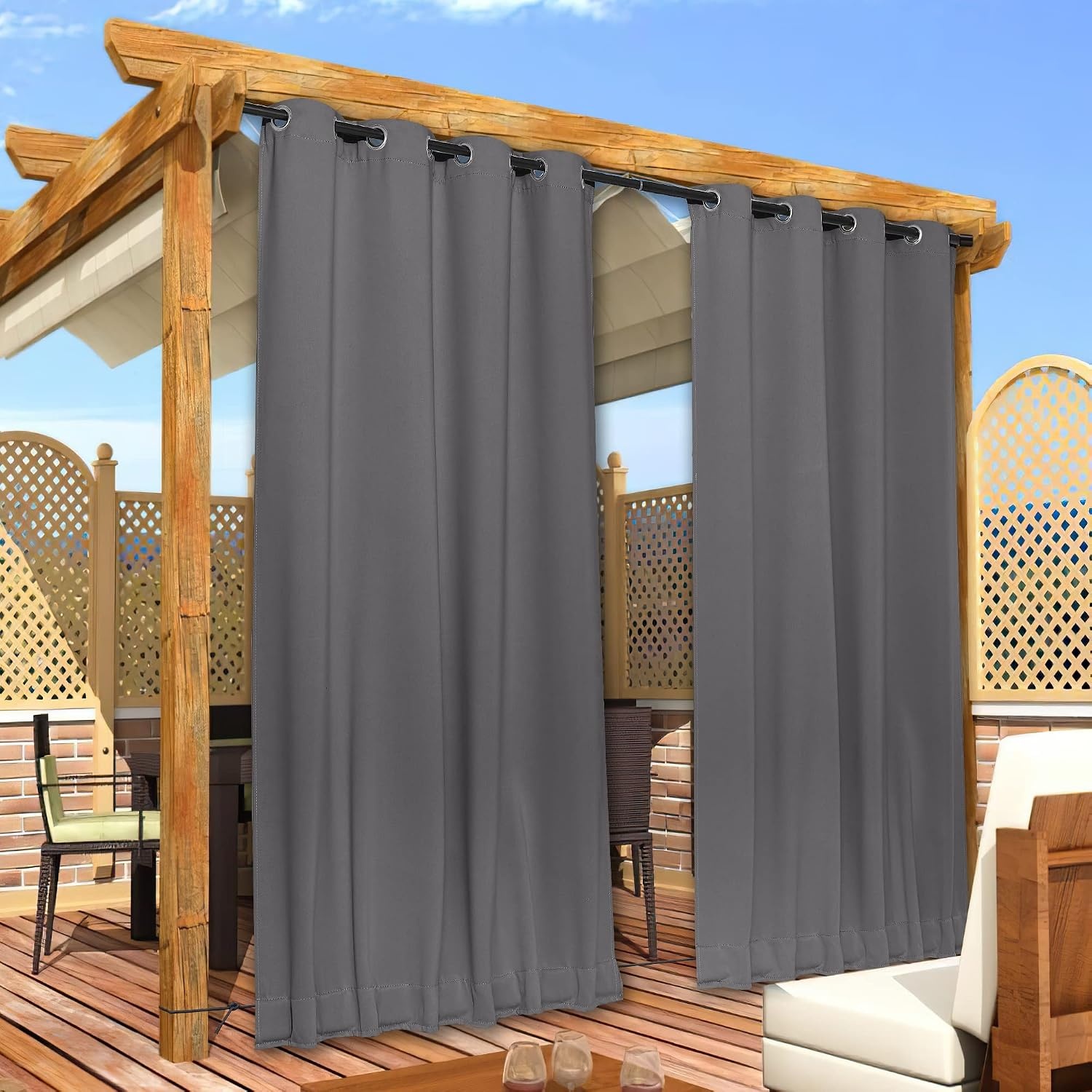 image:imageNICETOWN 2 PCs Waterproof Outdoor Curtains for Patio W52xL84 Biscotti BeigeGrey