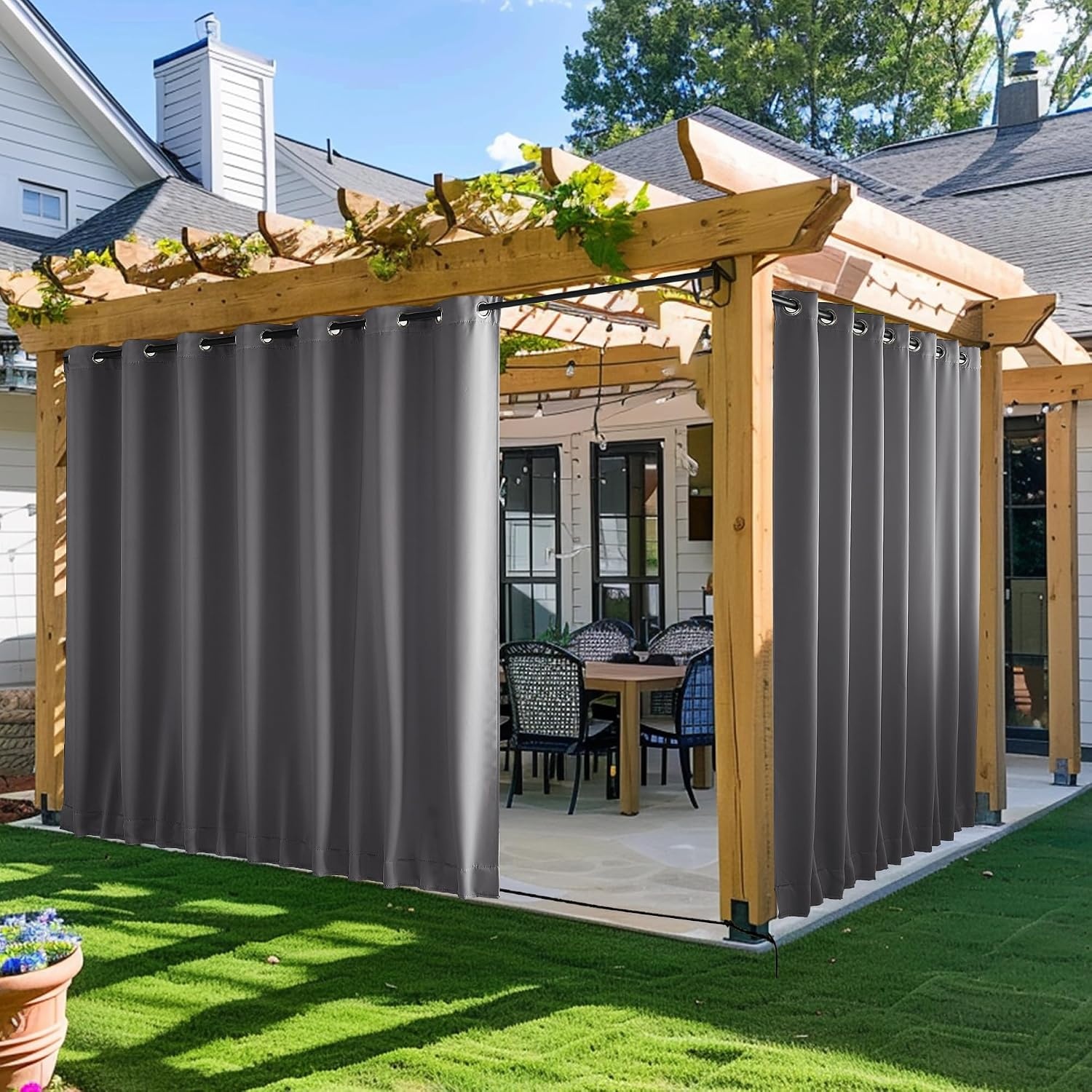 image:imageNICETOWN 2 PCs Waterproof Outdoor Curtains for Patio W52xL84 Biscotti BeigeGrey