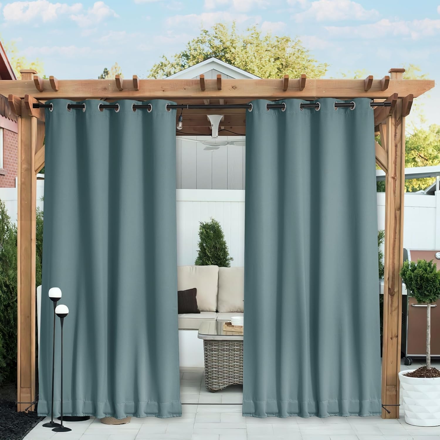 image:imageNICETOWN 2 PCs Waterproof Outdoor Curtains for Patio W52xL84 Biscotti BeigeGreyish Blue
