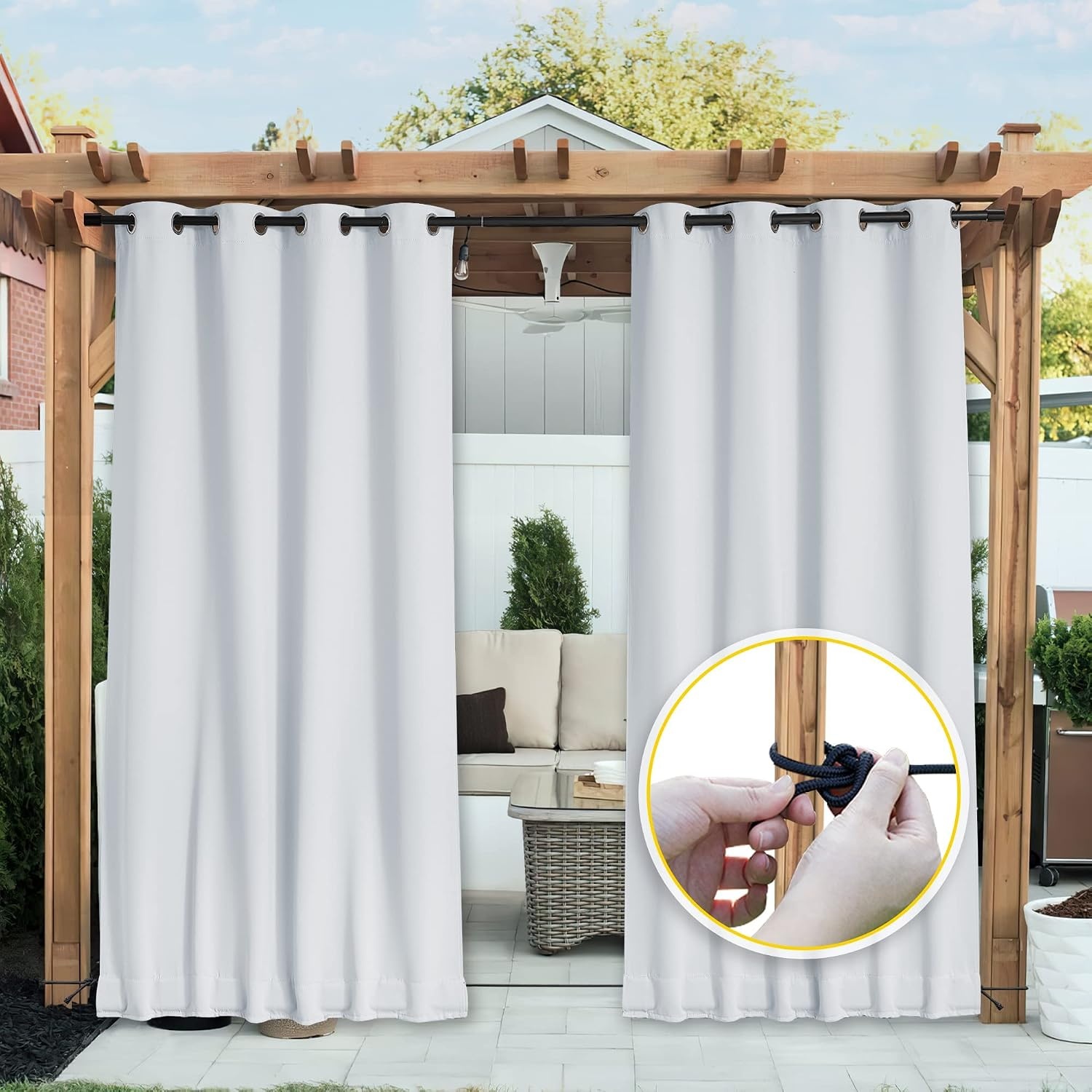 image:imageNICETOWN 2 PCs Waterproof Outdoor Curtains for Patio W52xL84 Biscotti BeigeGreyish White