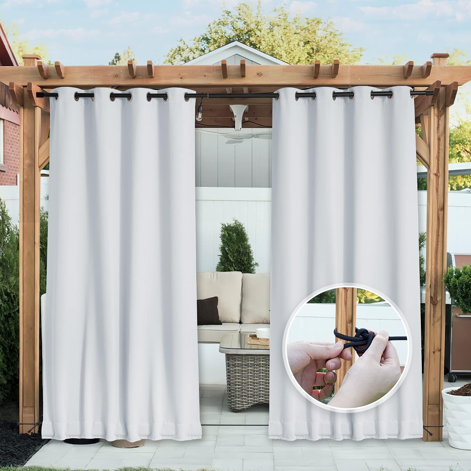 image:imageNICETOWN 2 PCs Waterproof Outdoor Curtains for Patio W52xL84 Biscotti BeigeGreyish White