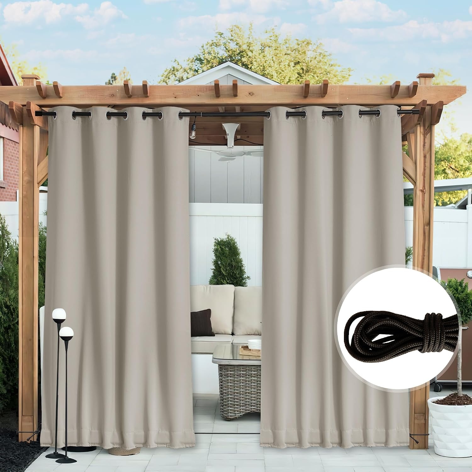 image:imageNICETOWN 2 PCs Waterproof Outdoor Curtains for Patio W52xL84 Biscotti BeigeNatural