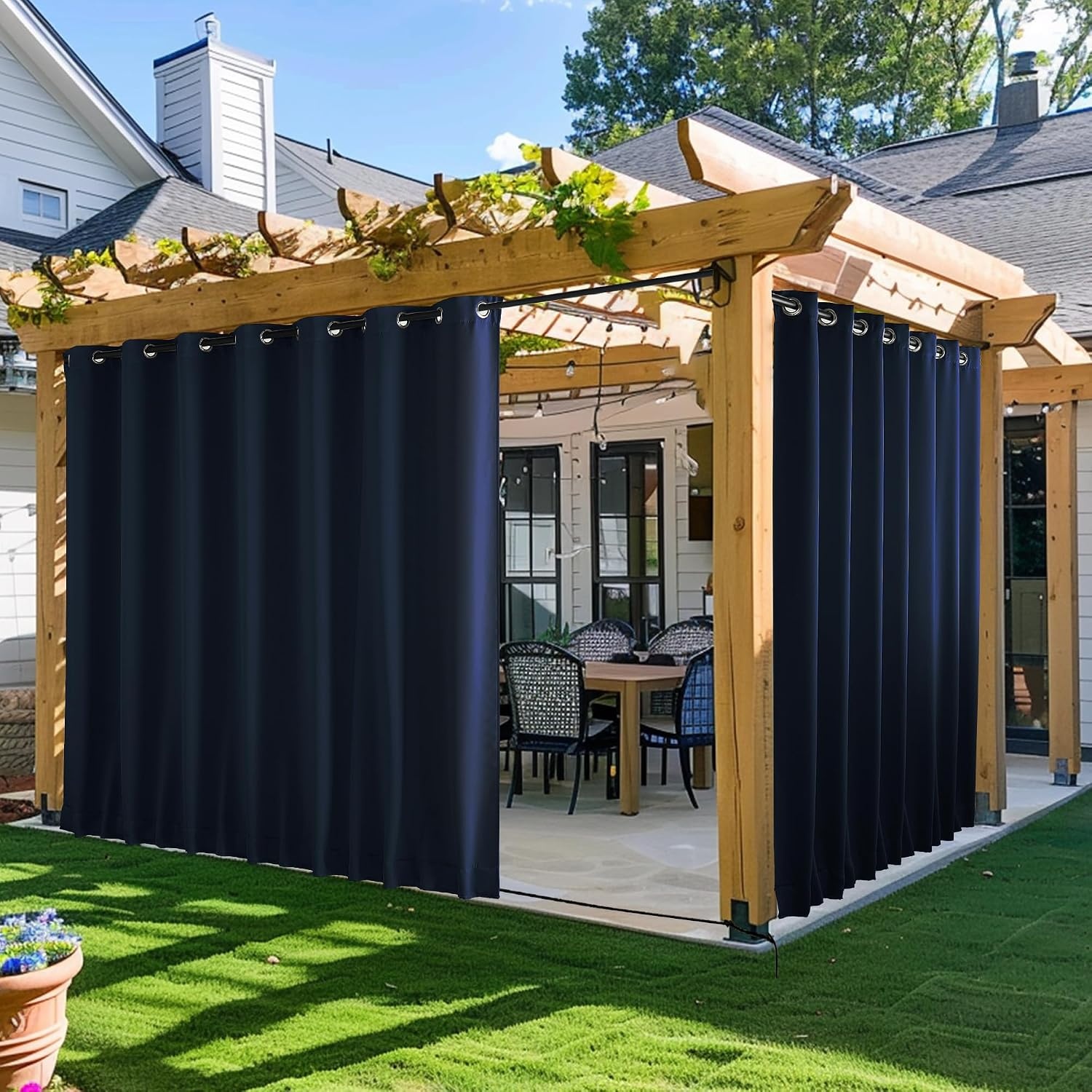 image:imageNICETOWN 2 PCs Waterproof Outdoor Curtains for Patio W52xL84 Biscotti BeigeNavy Blue